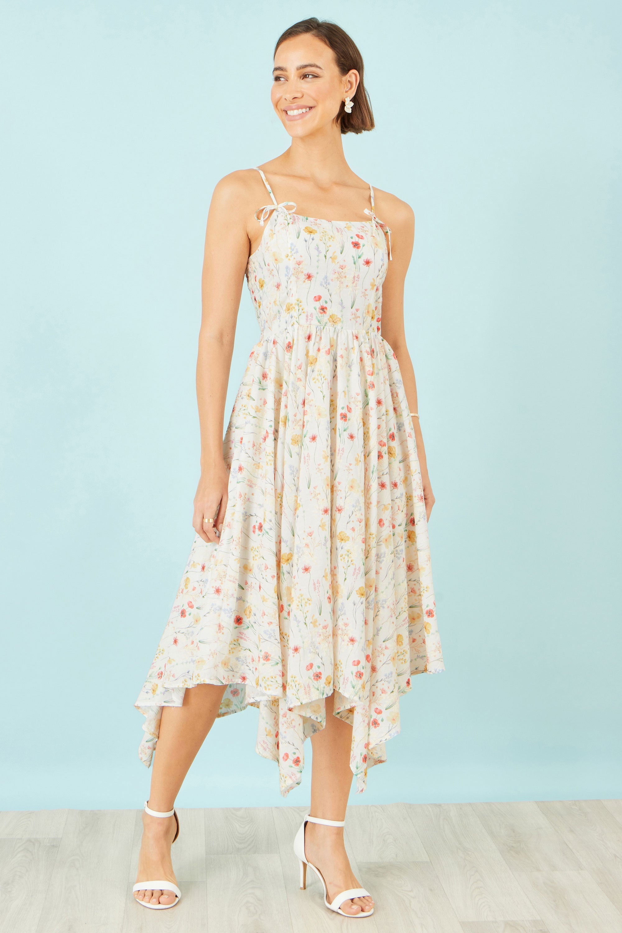 Yumi White Botanical Embroidery Fabric Handkerchief Hem Dress