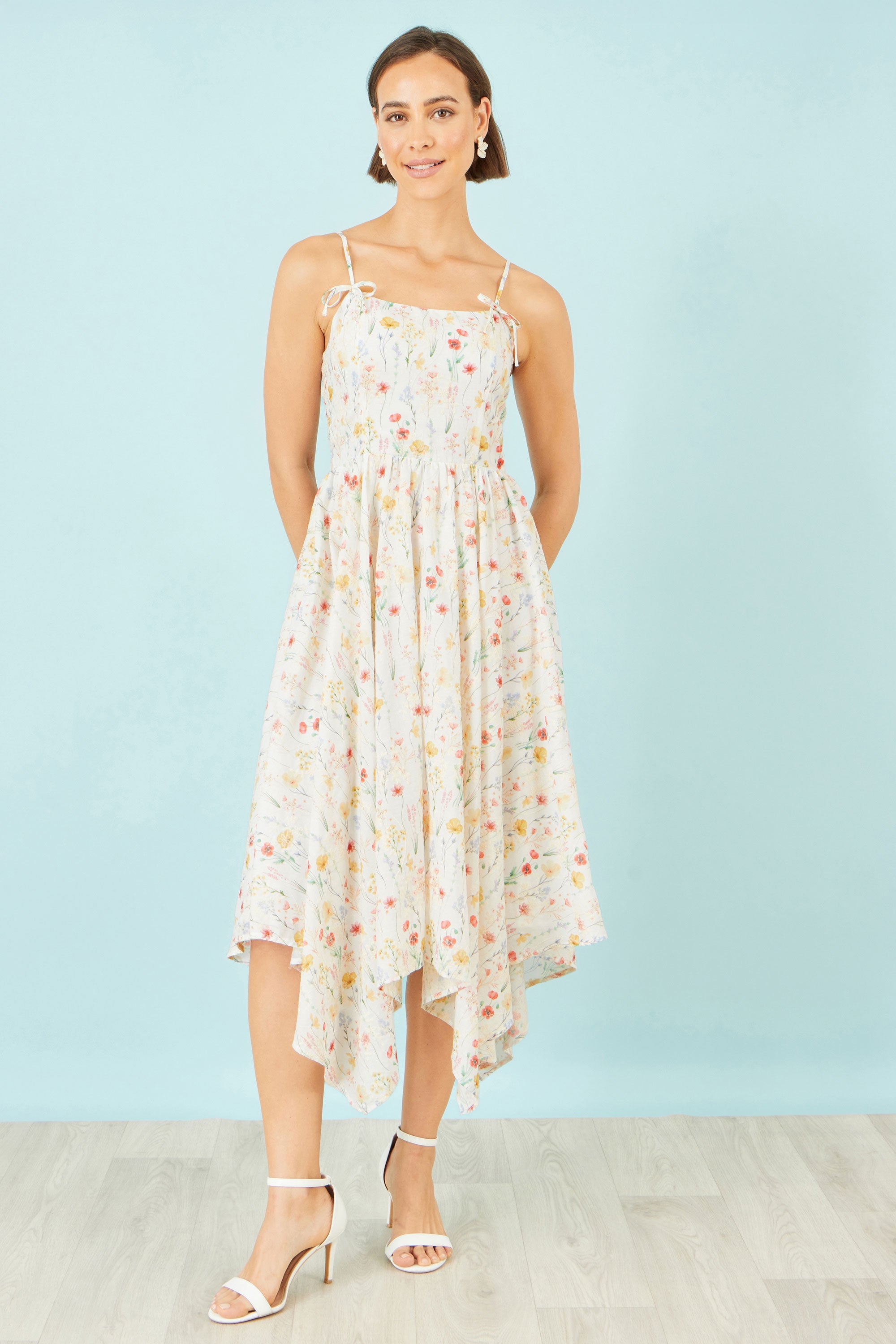 Yumi White Botanical Embroidery Fabric Handkerchief Hem Dress