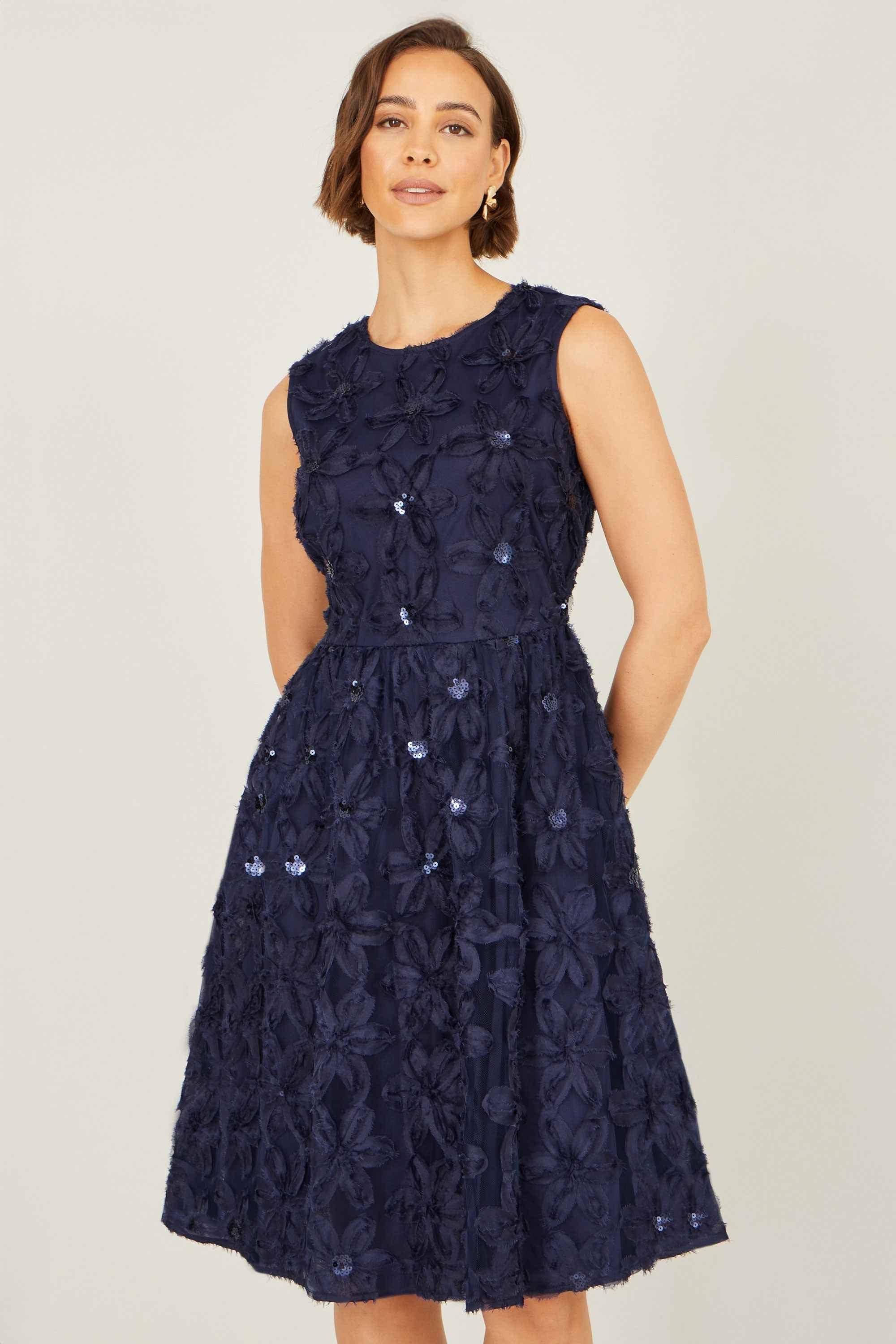Yumi Navy Sequin Floral Applique Skater Dress