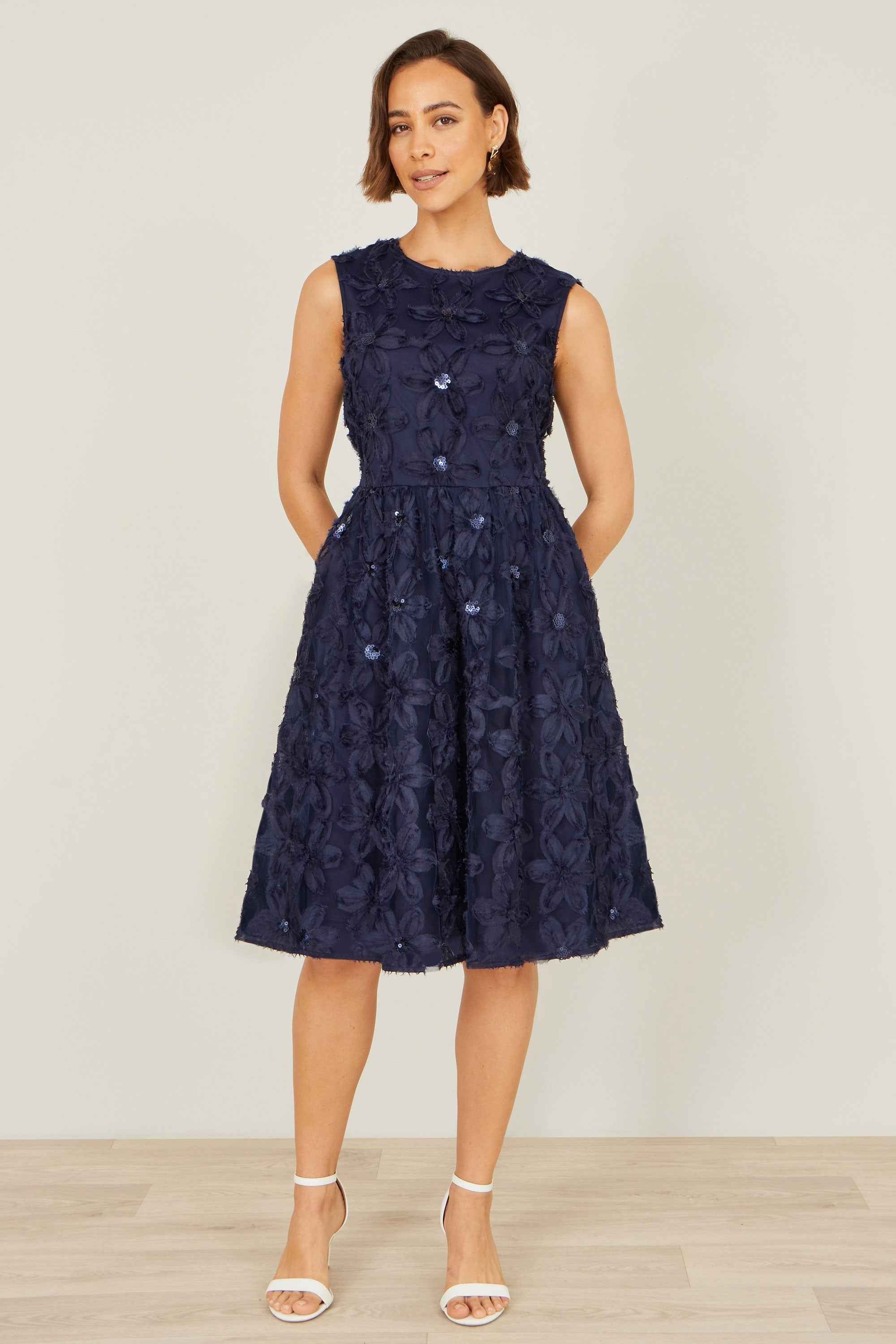 Yumi Navy Sequin Floral Applique Skater Dress