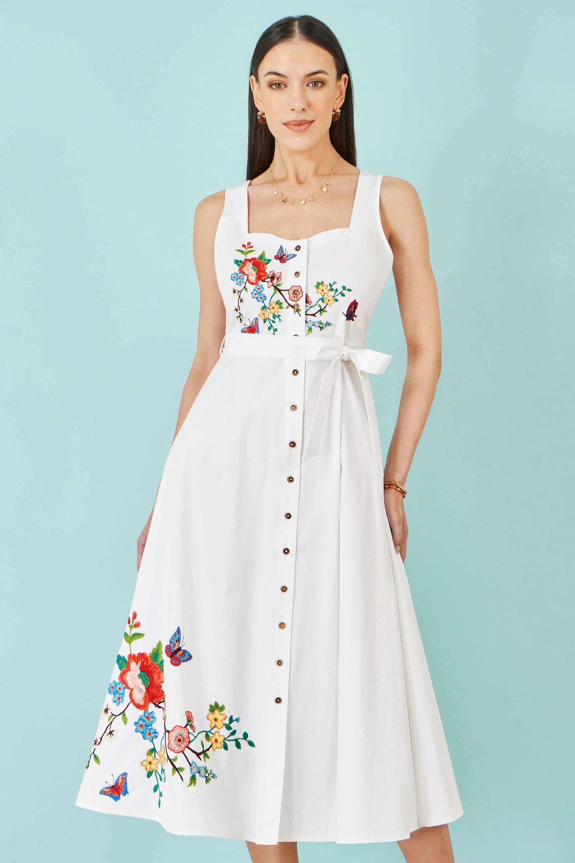 Yumi White Cotton Midi Dress With Embroidery
