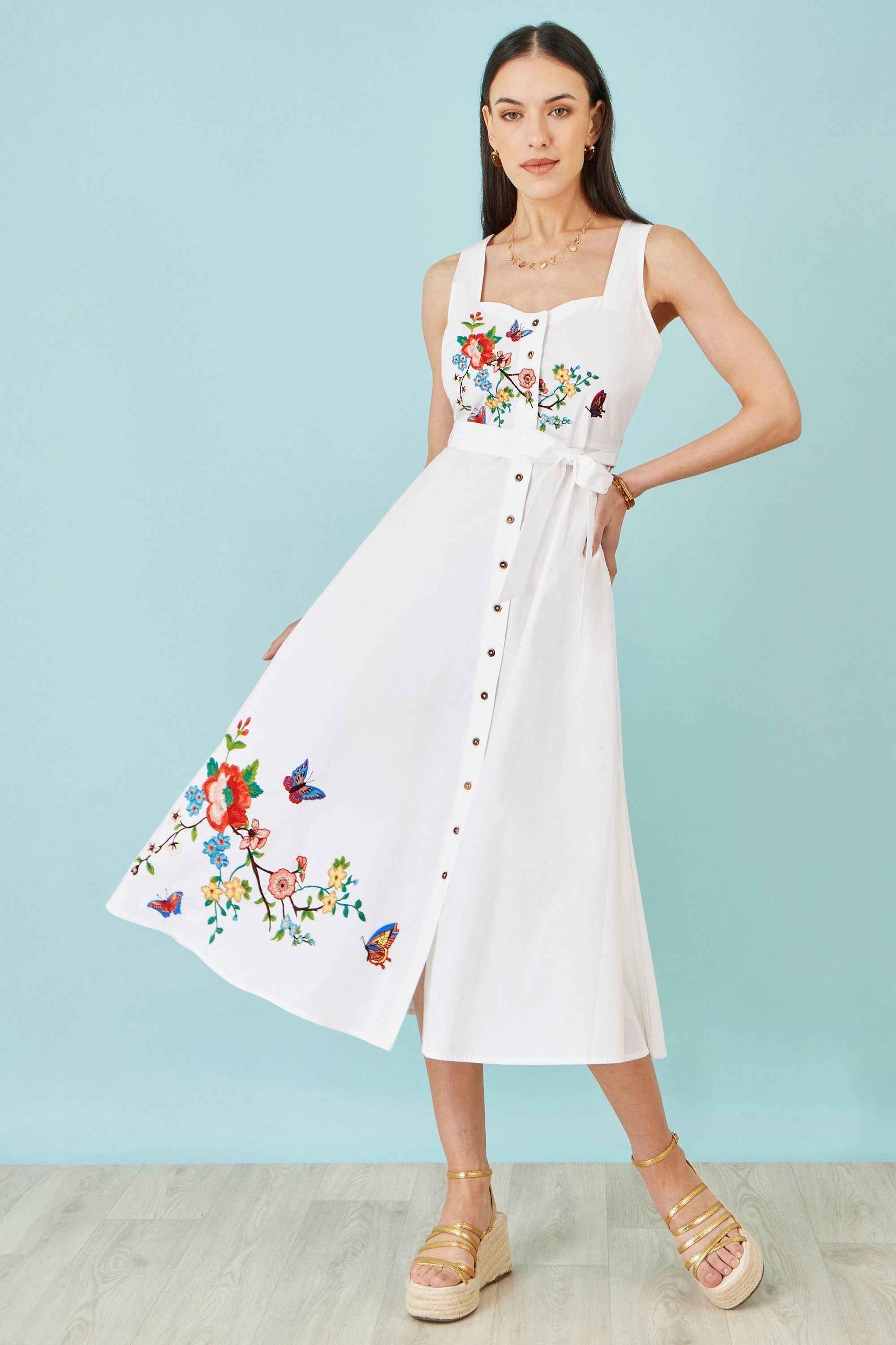 Yumi White Cotton Midi Dress With Embroidery
