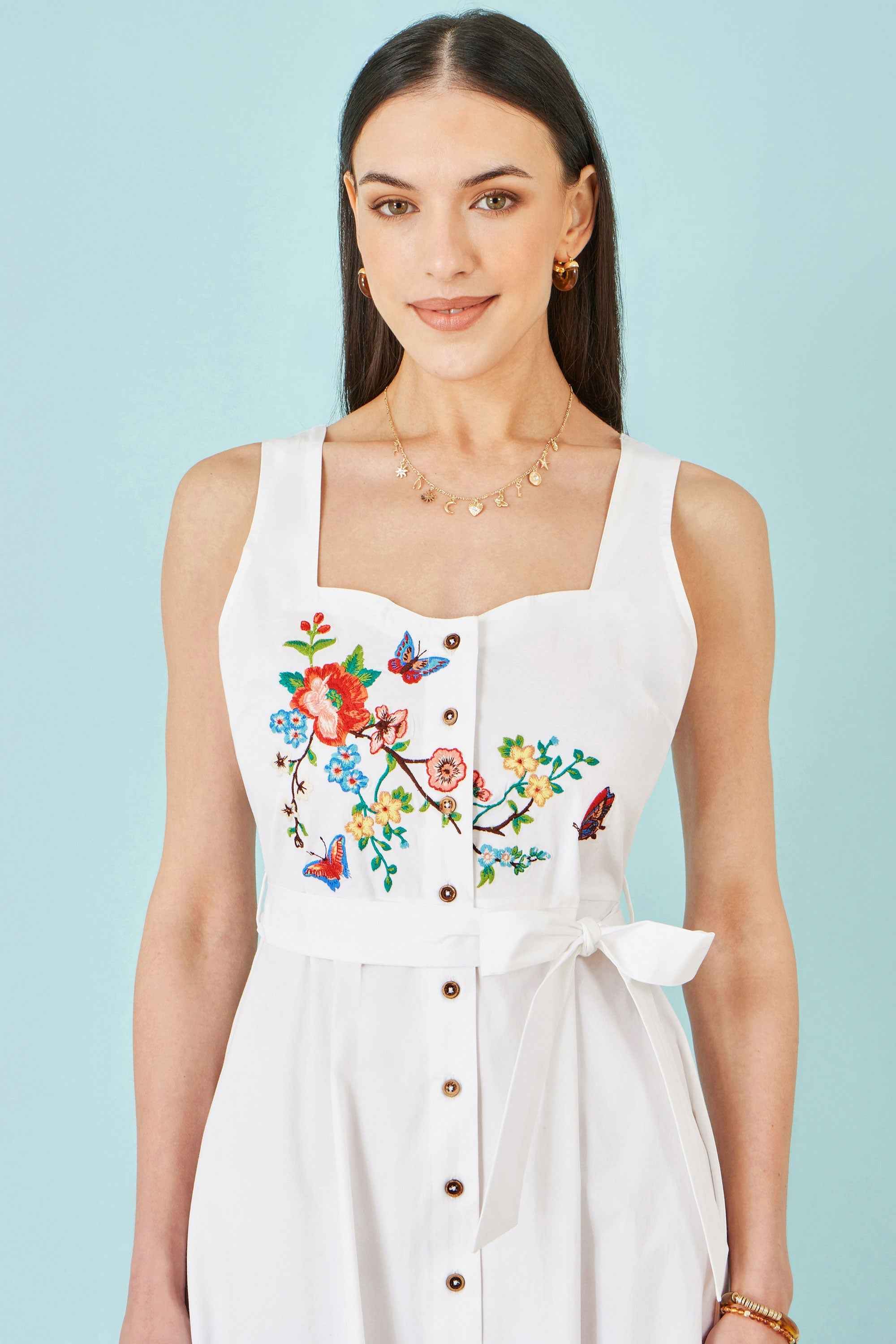 Yumi White Cotton Midi Dress With Embroidery