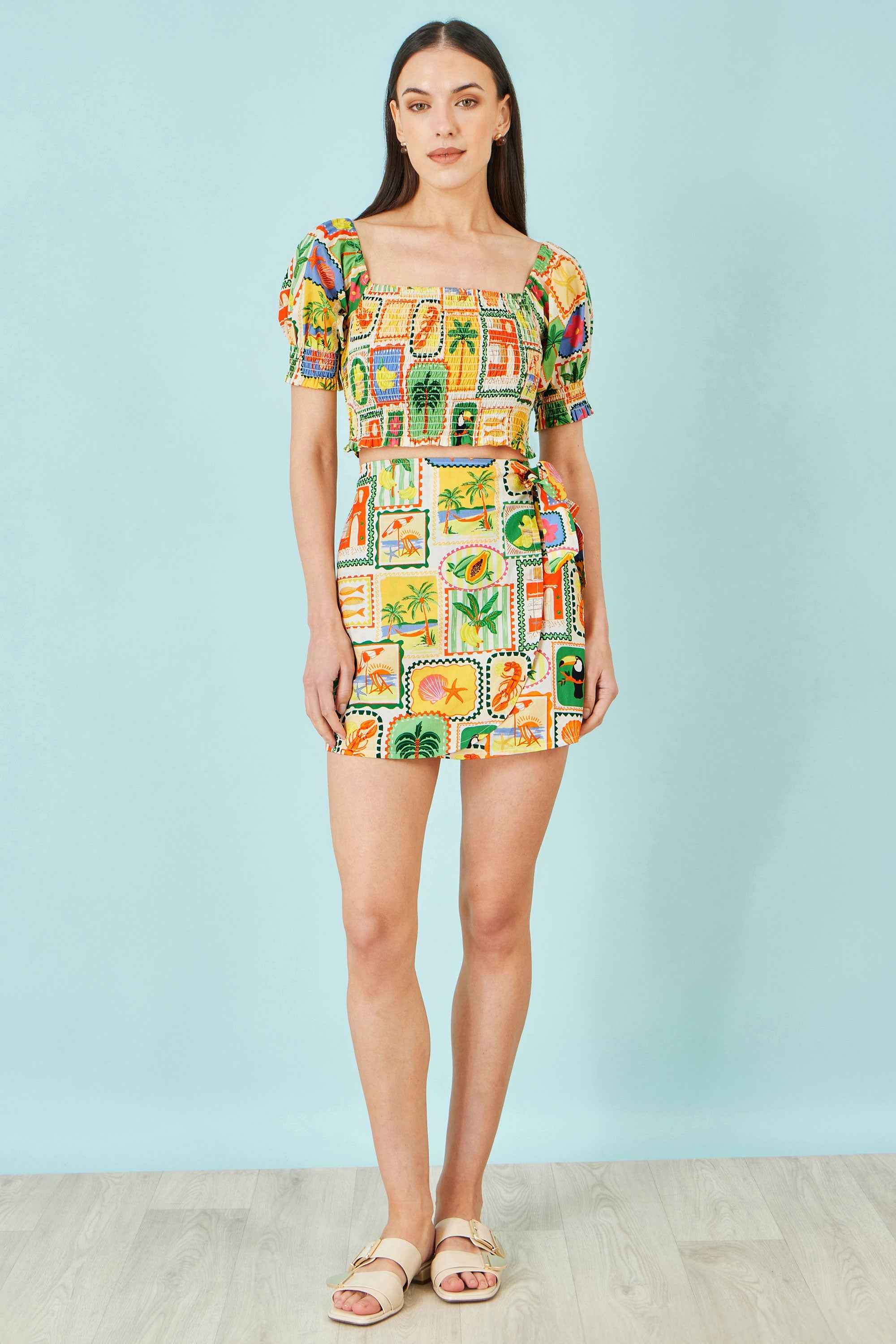 Yumi Multicolour Postcard Print Cotton Wrap Skirt