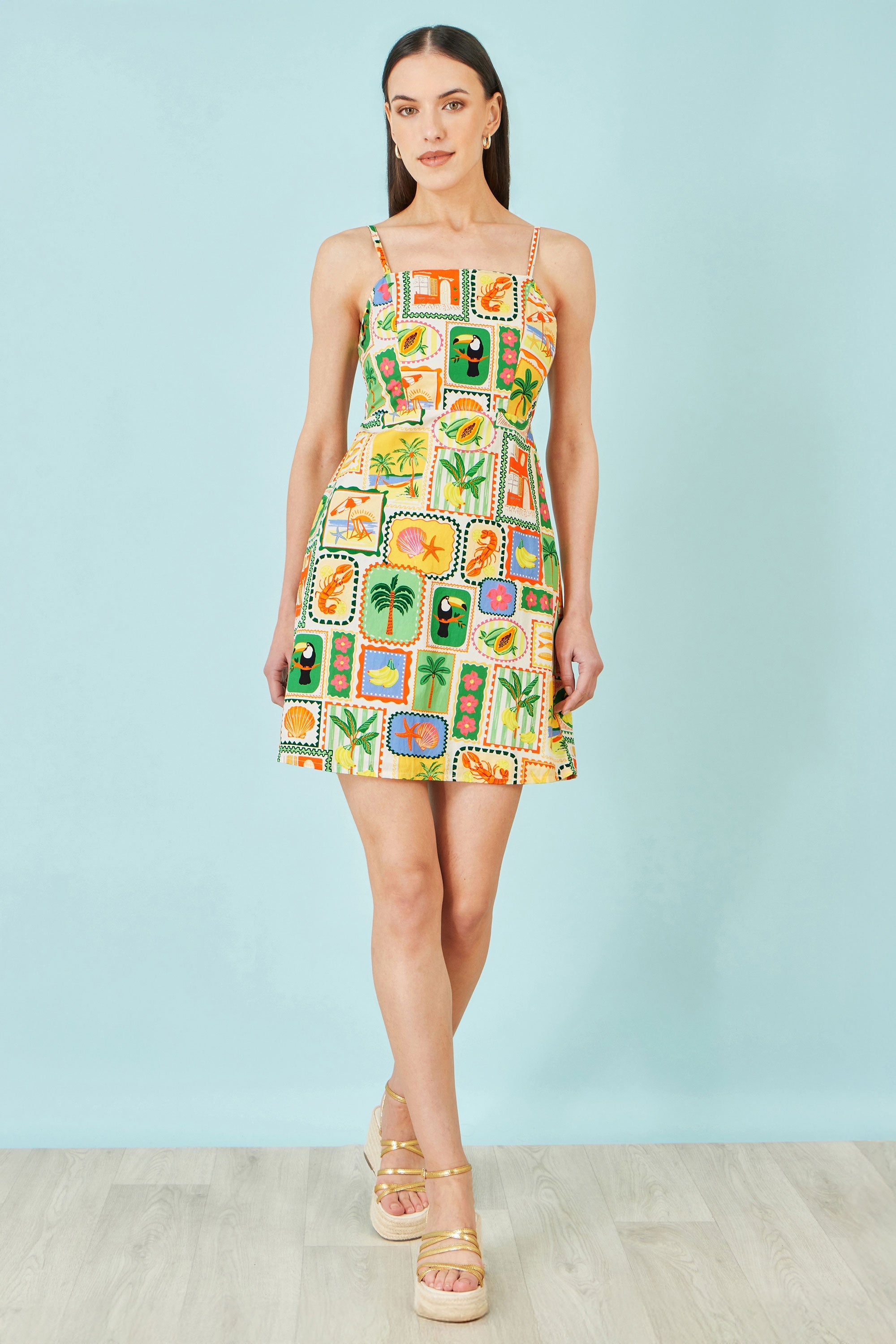 Yumi Multicolour Postcard Print Mini Sun Dress