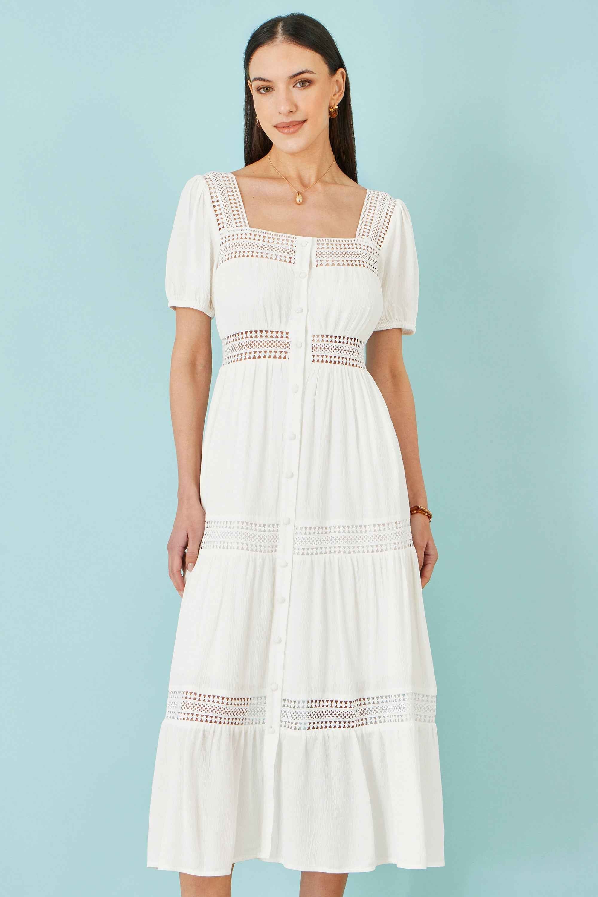 Yumi White Cotton Square Neckline Lace Midi Dress