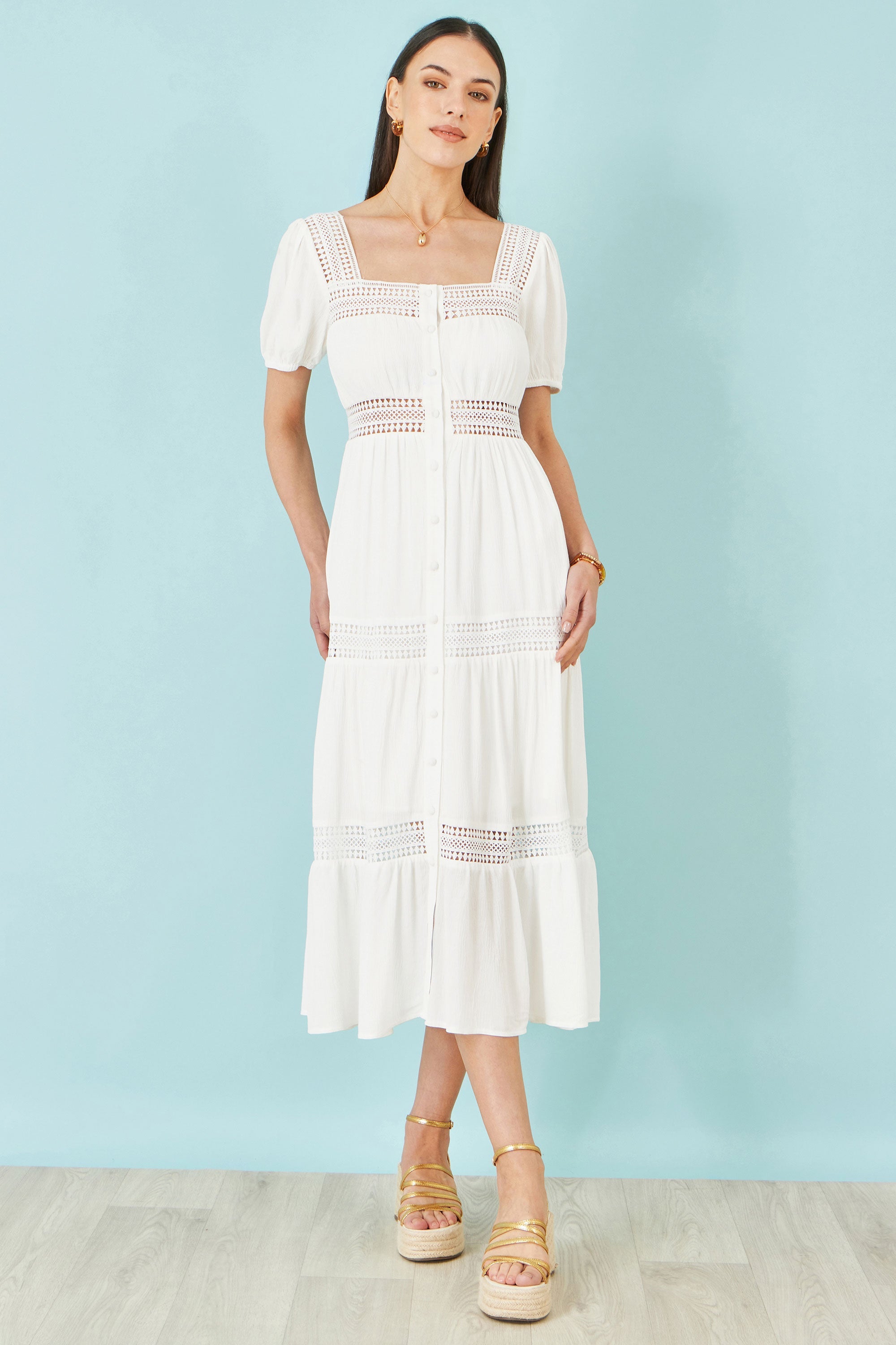 Yumi White Cotton Square Neckline Lace Midi Dress