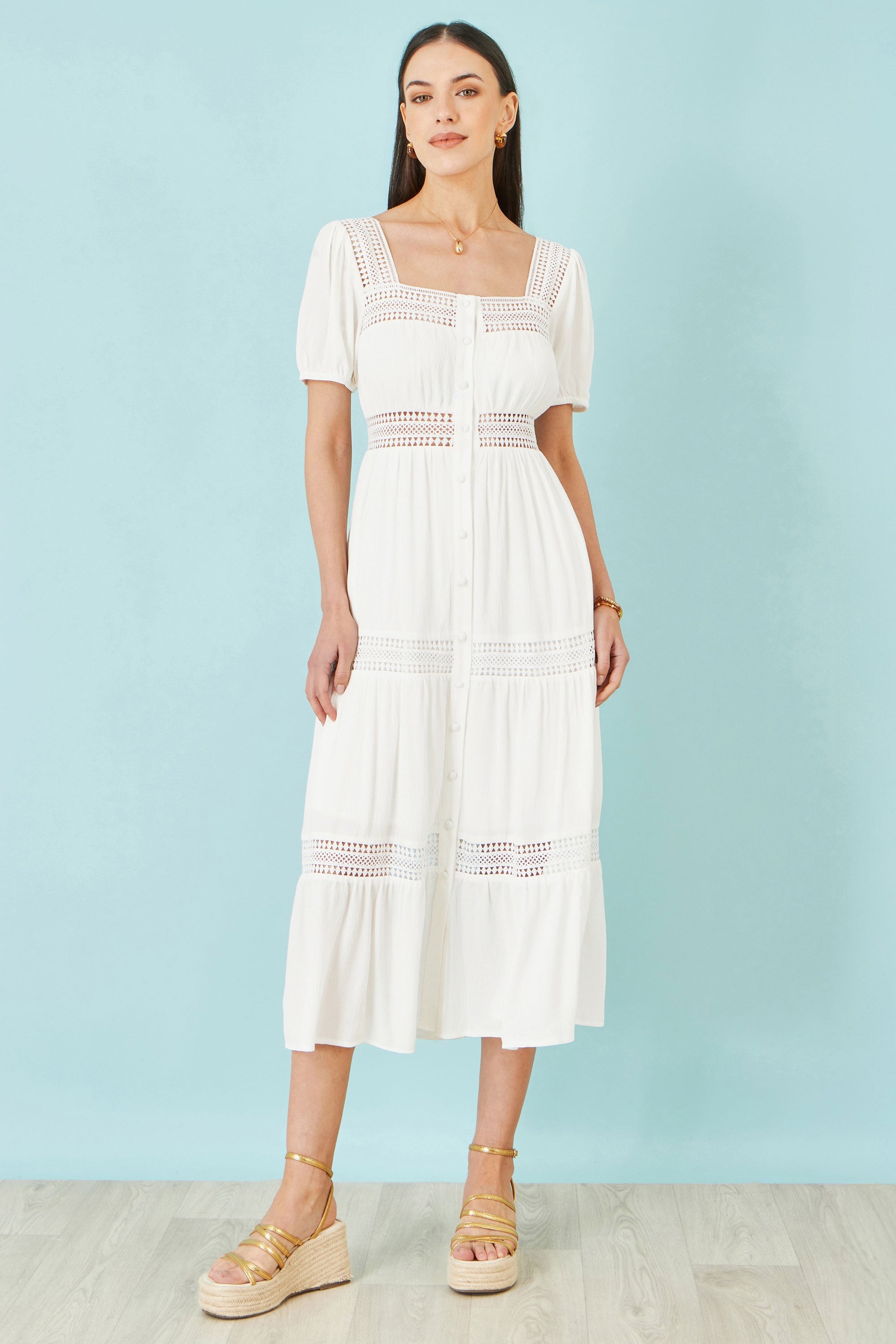 Yumi White Cotton Square Neckline Lace Midi Dress