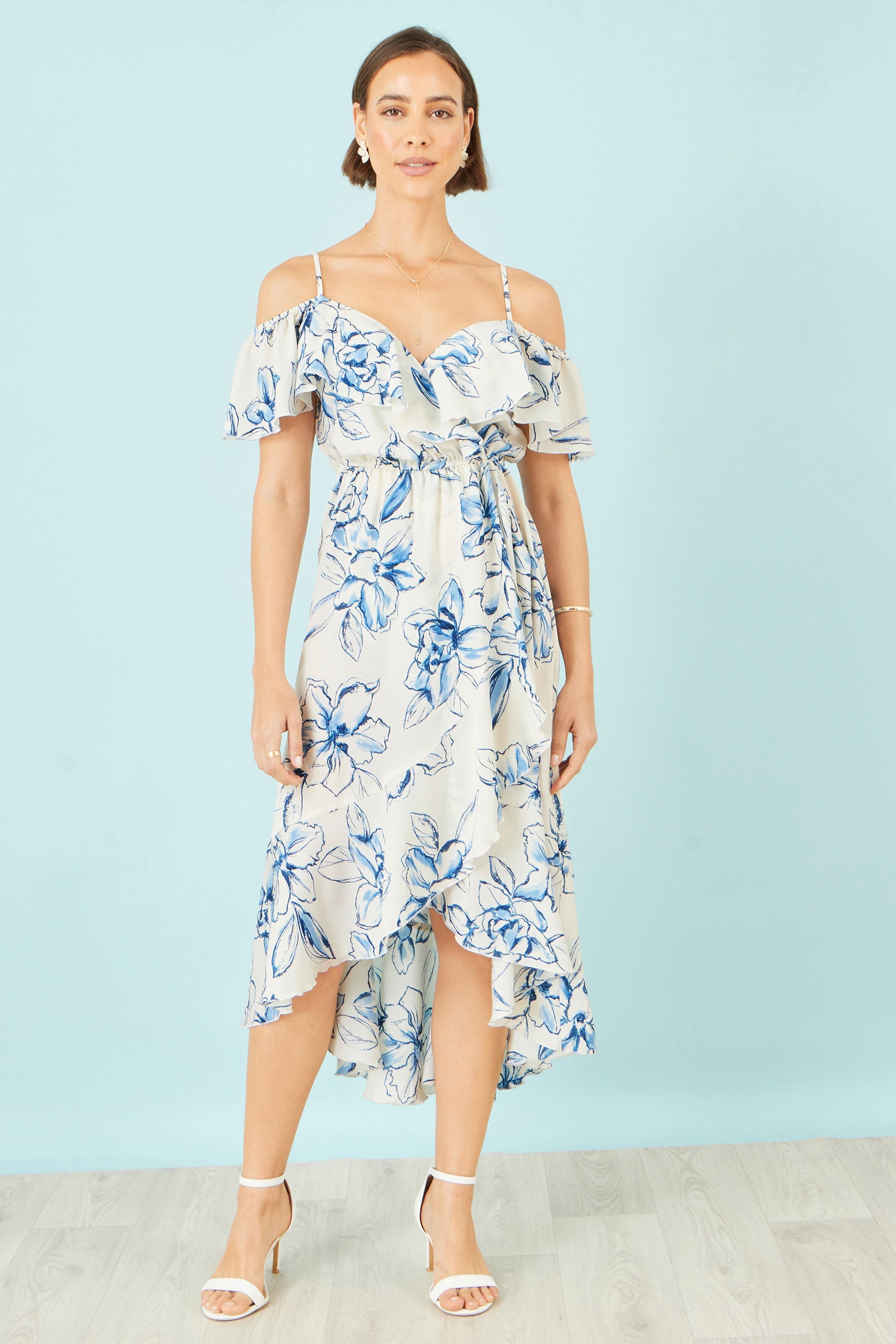 Yumi Ivory Floral Print Bardot Midi Dress With Dip Hem