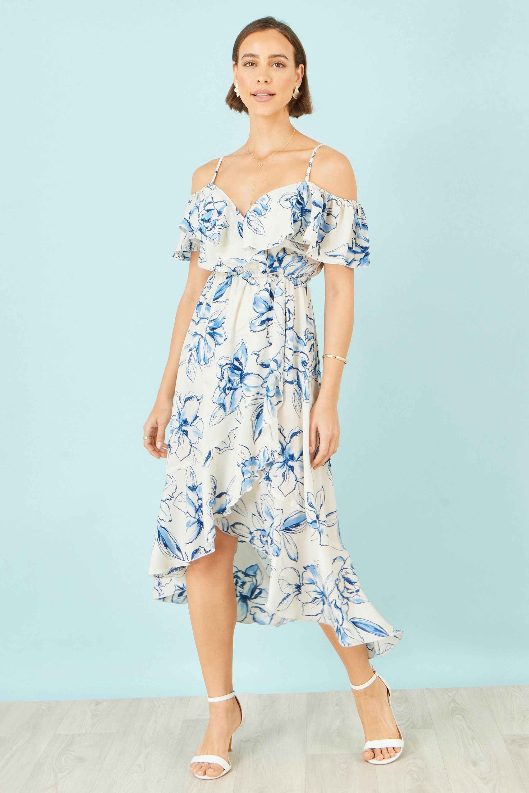 Yumi Ivory Floral Print Bardot Midi Dress With Dip Hem