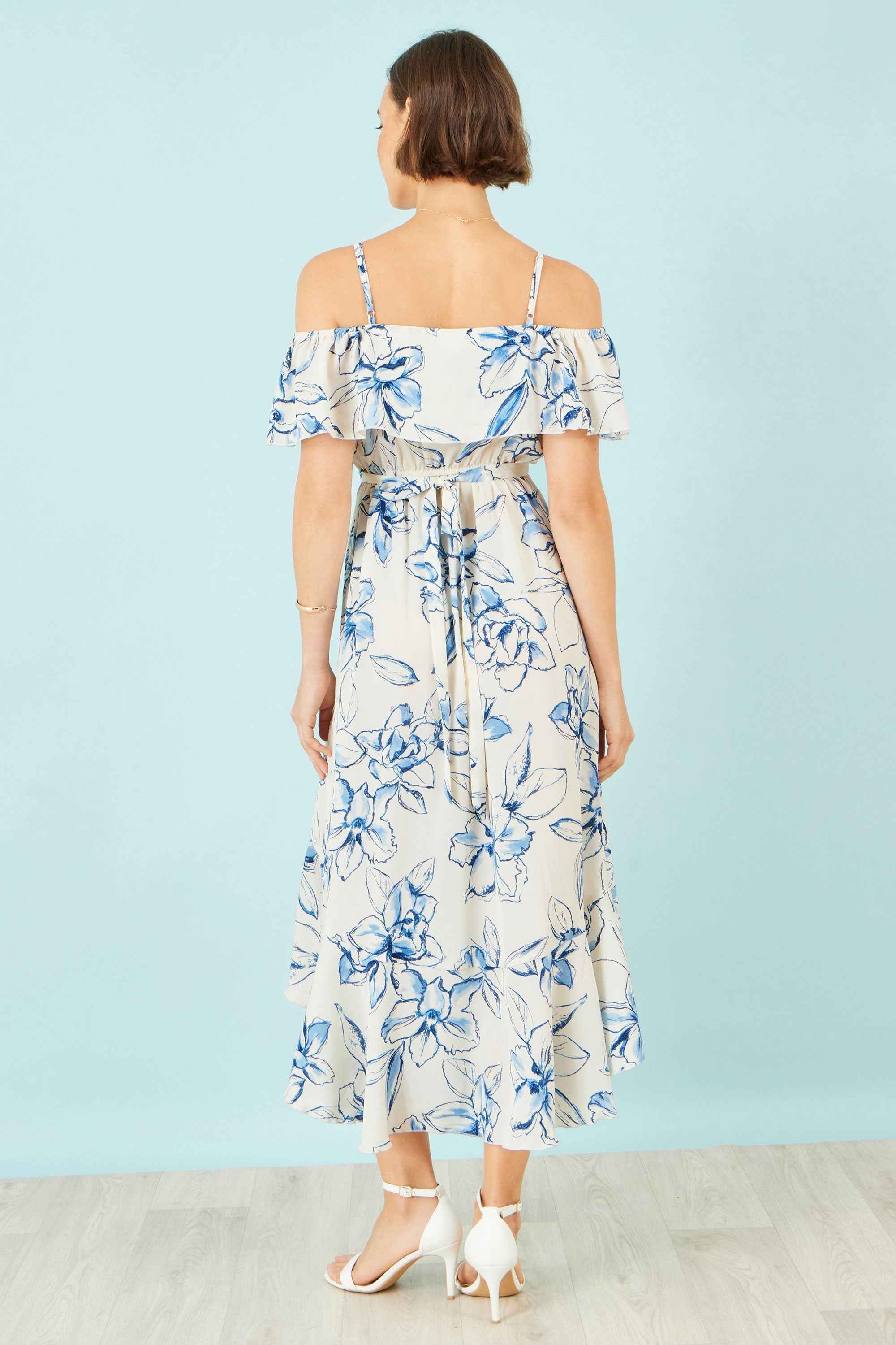 Yumi Ivory Floral Print Bardot Midi Dress With Dip Hem