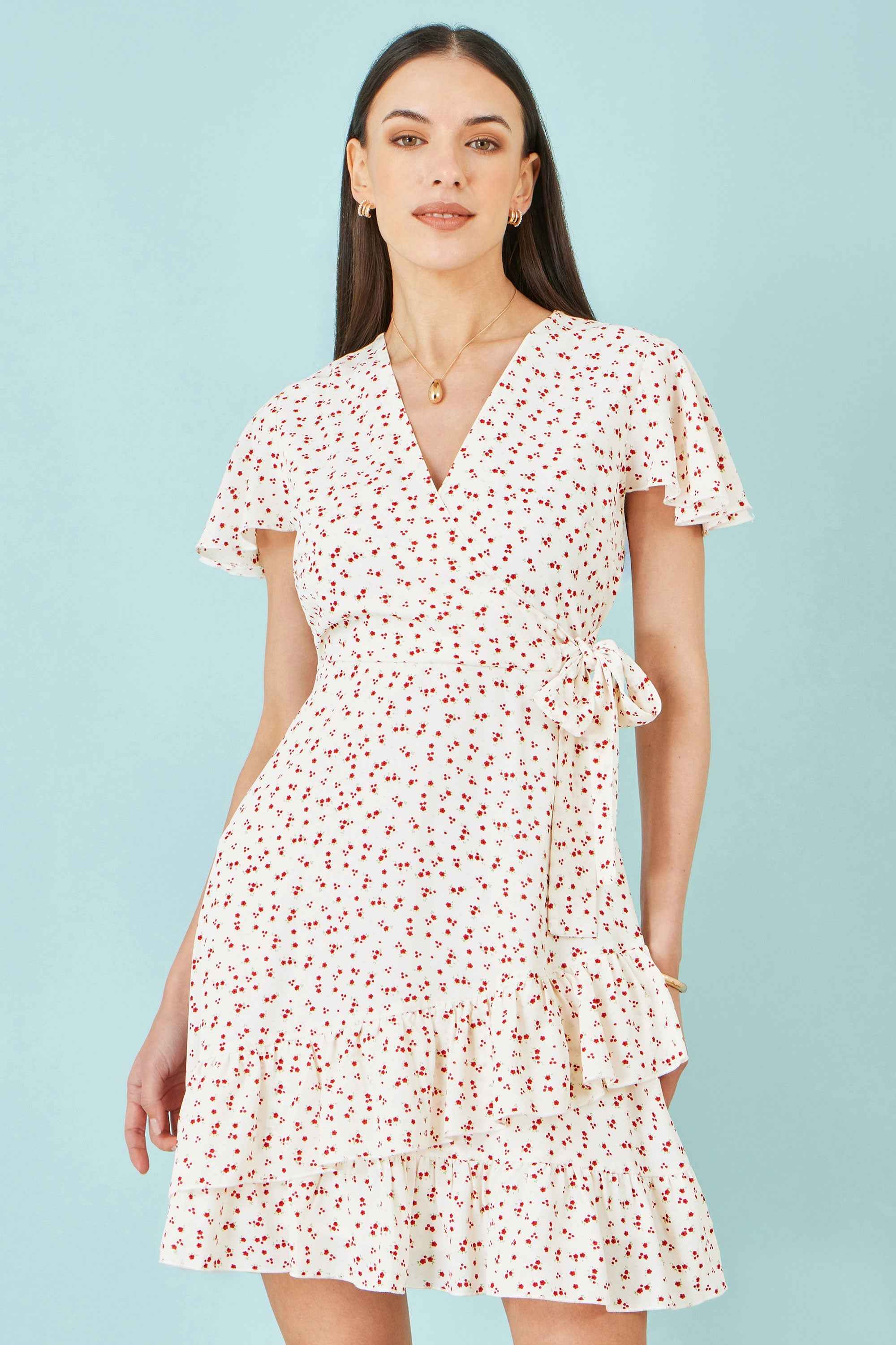 Yumi White Ditsy Print Frill Wrap Dress