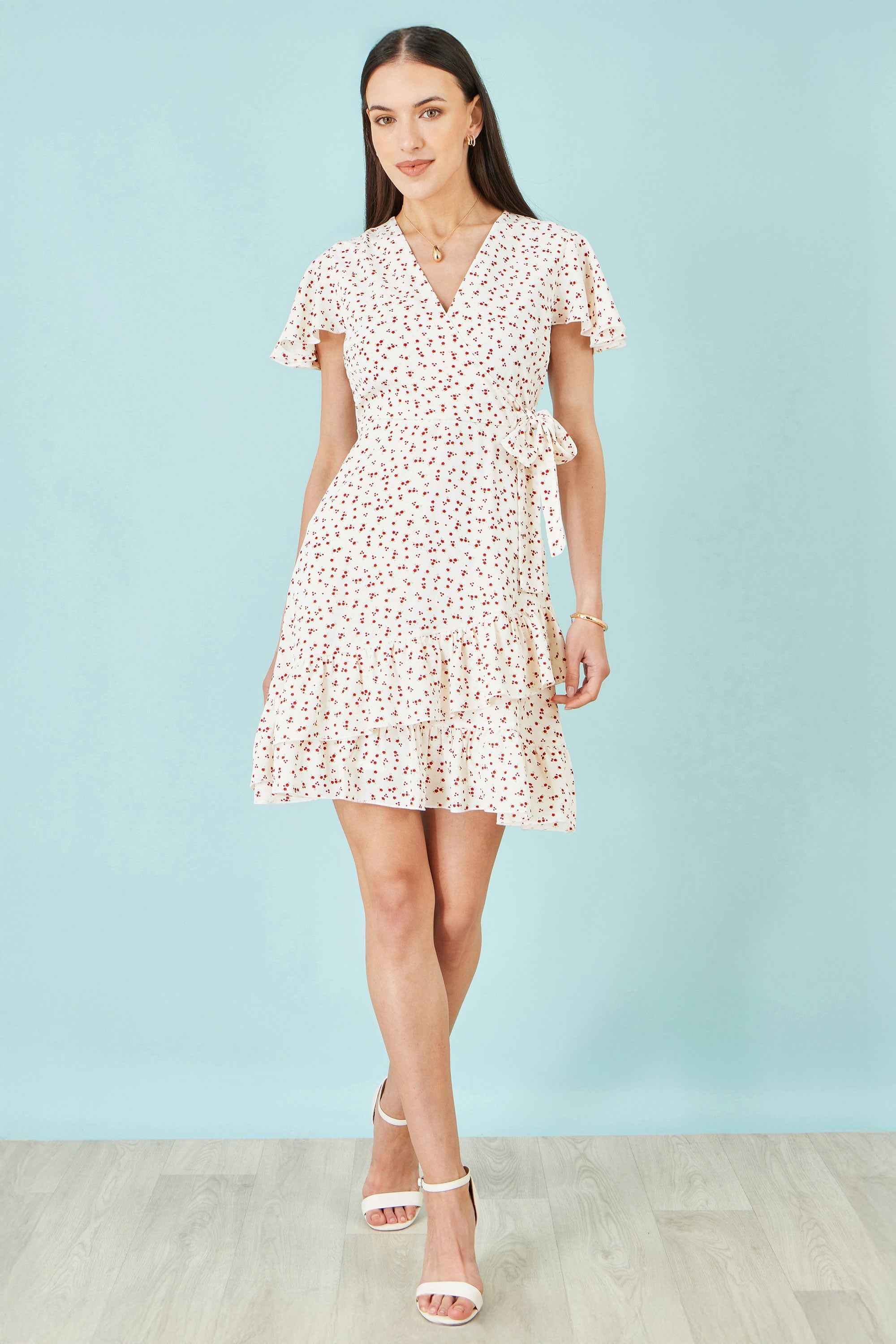 Yumi White Ditsy Print Frill Wrap Dress