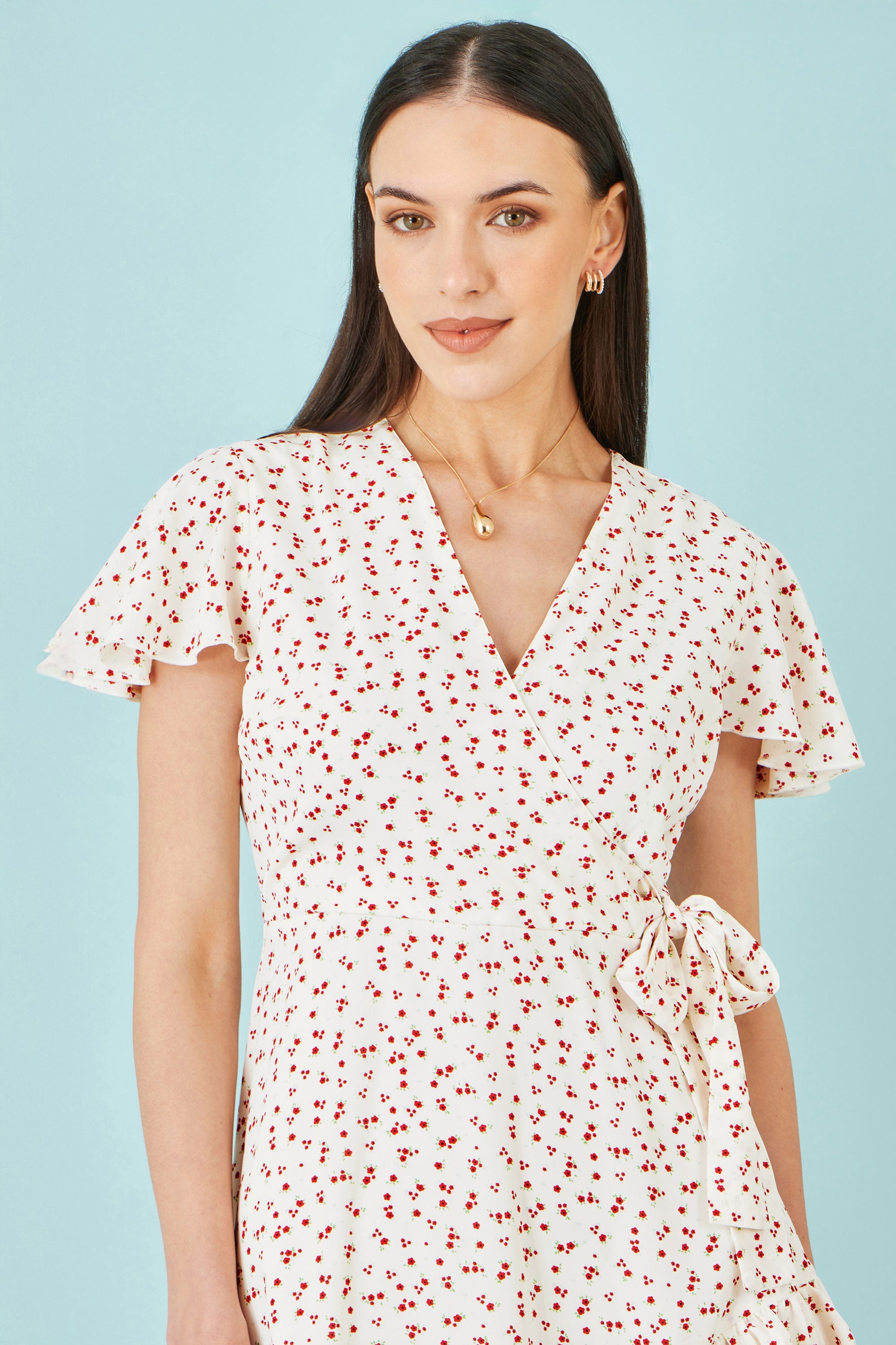 Yumi White Ditsy Print Frill Wrap Dress