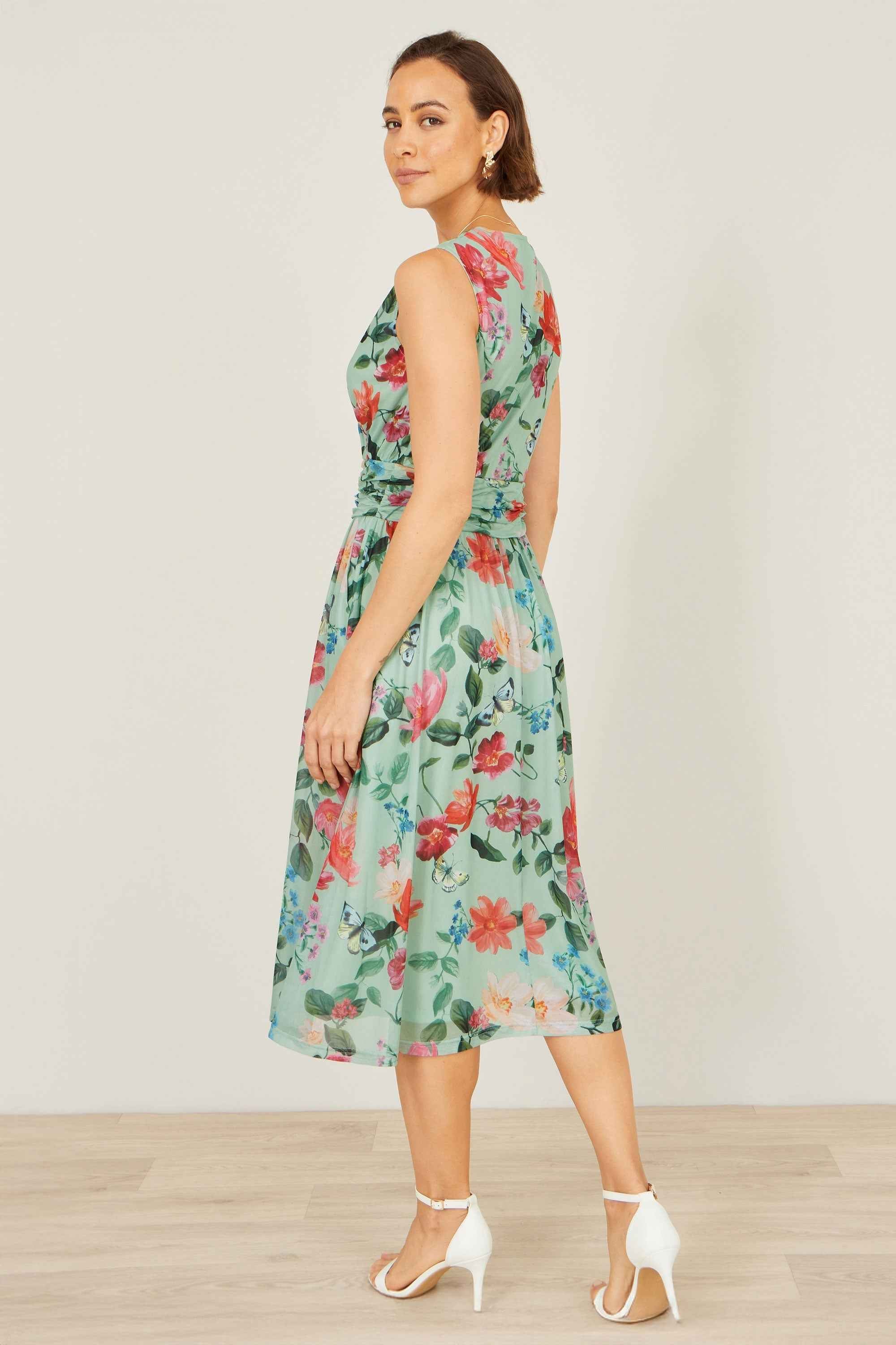 Yumi Mint Blurred Floral Mesh Wrap Midi Dress