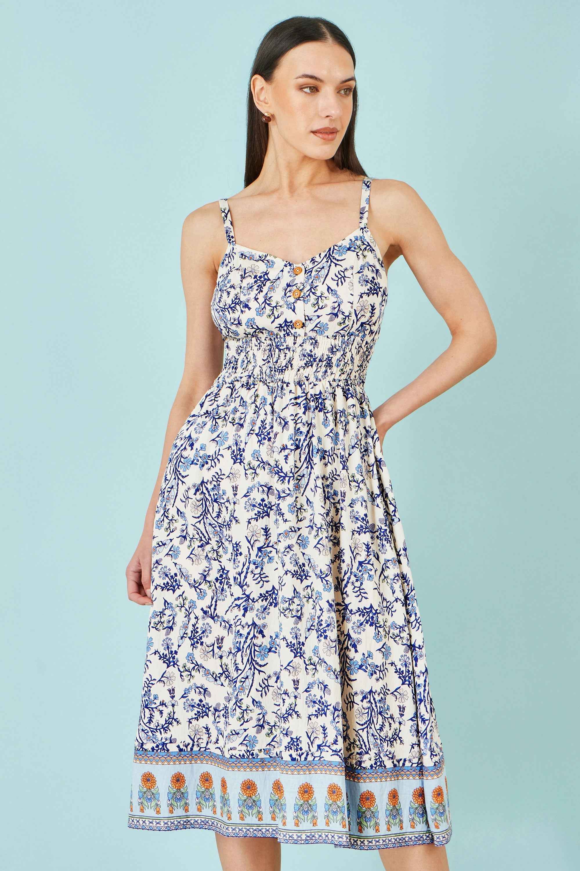 Yumi White Floral Border Print Viscose Midi Sun Dress