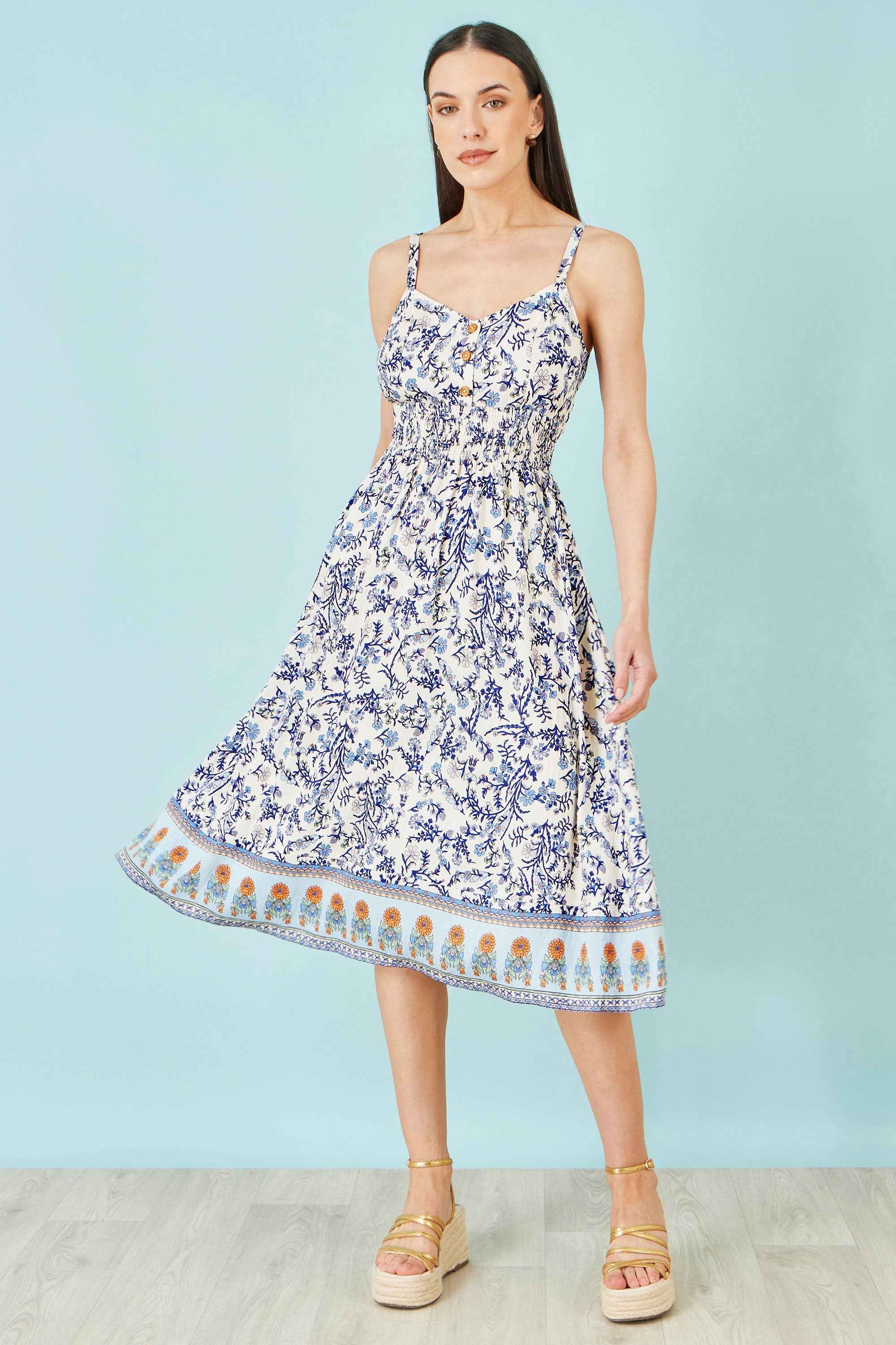 Yumi White Floral Border Print Viscose Midi Sun Dress