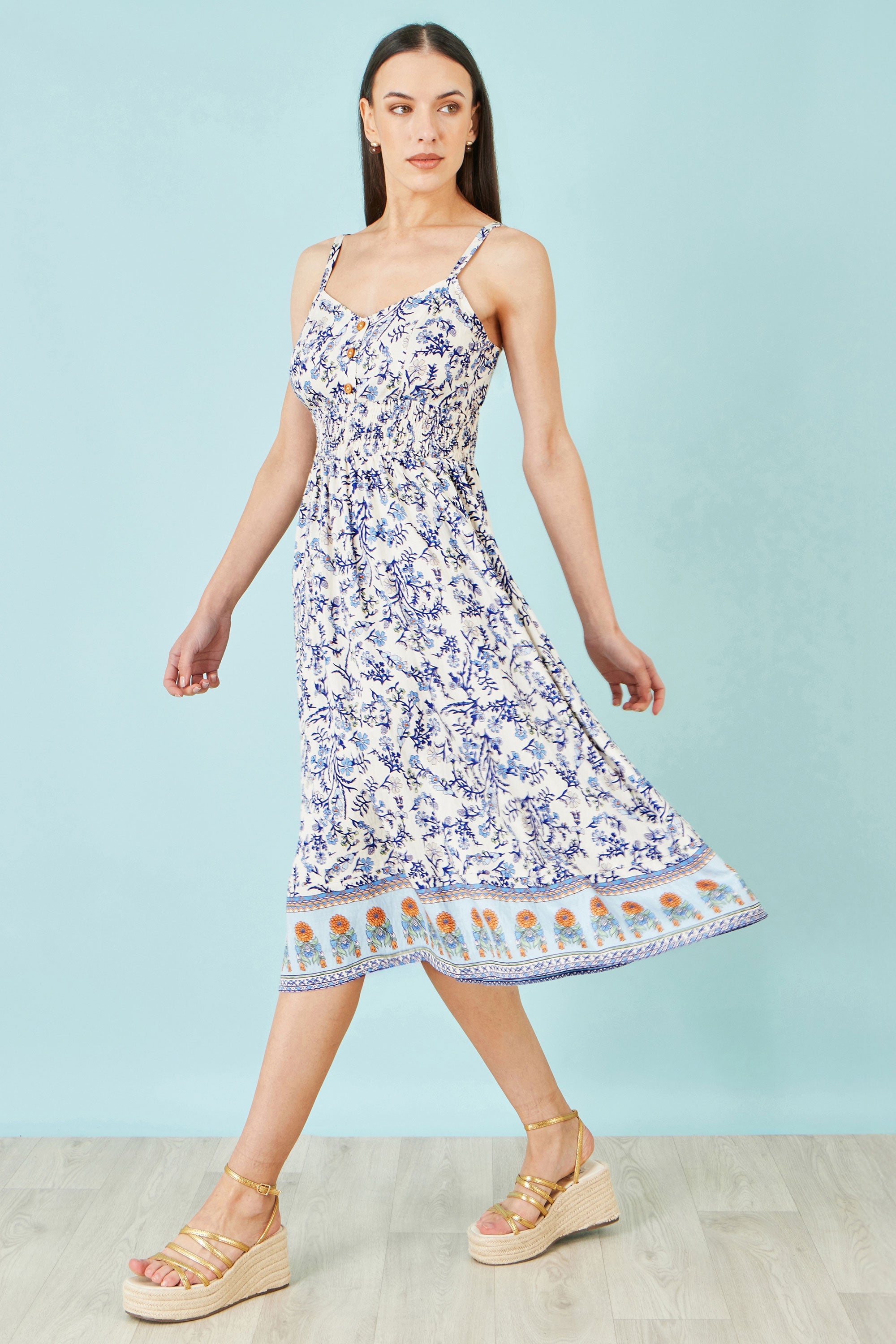 Yumi White Floral Border Print Viscose Midi Sun Dress
