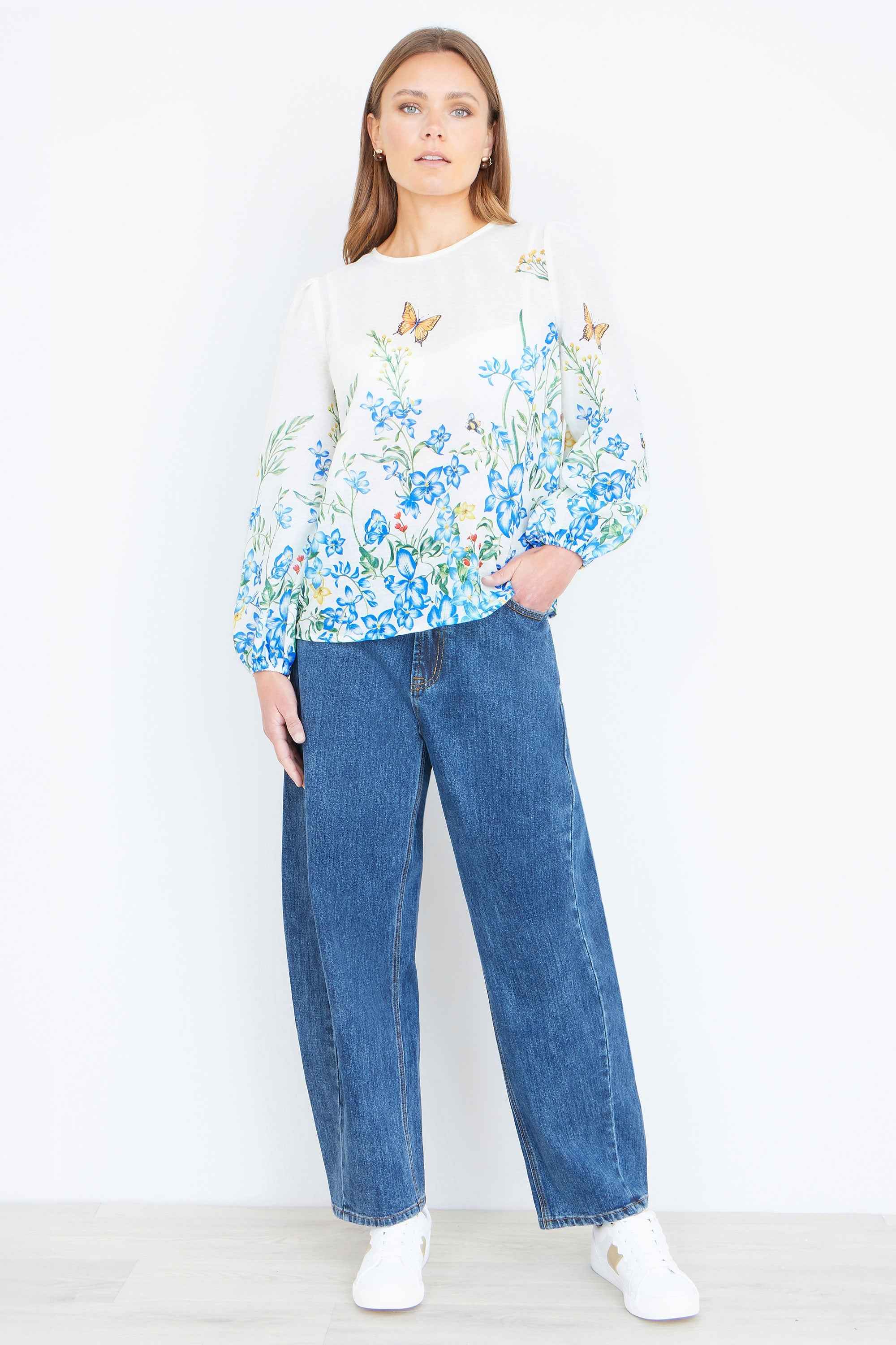 Yumi Ivory Butterfly Print Long Sleeve Top