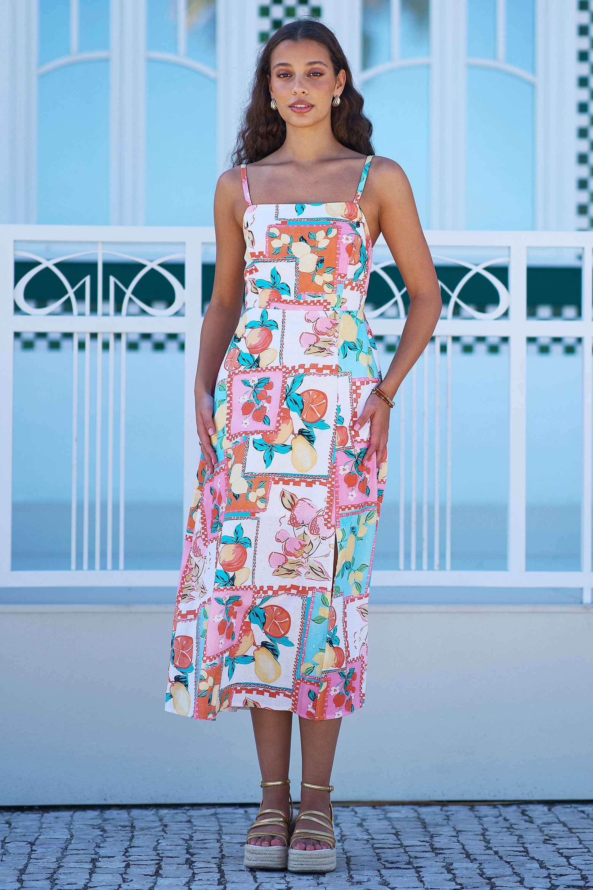 Yumi Multicolour Fruit Print Midi Sun Dress Ruched Back
