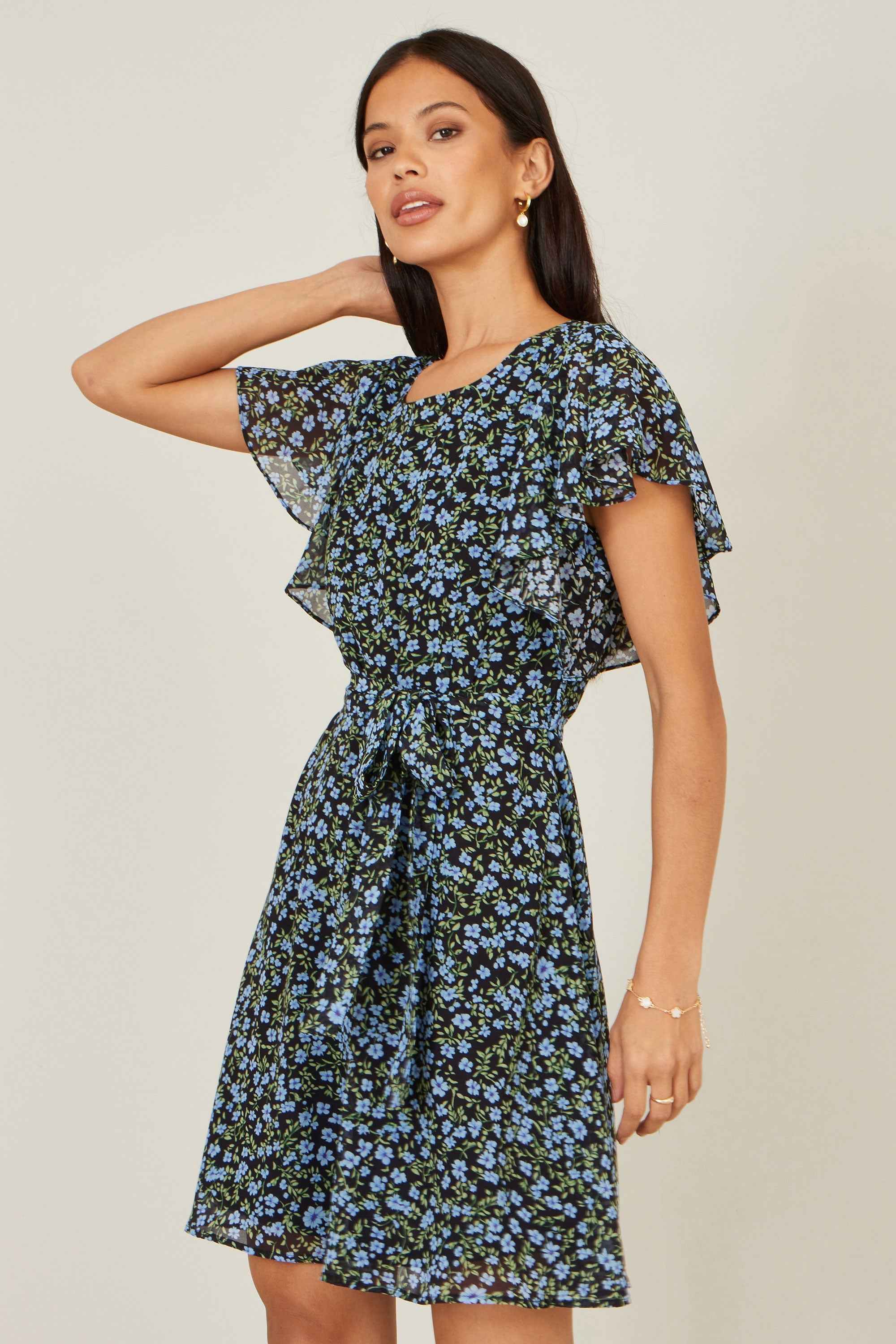 Yumi Blue Ditsy Print Floral Skater Dress