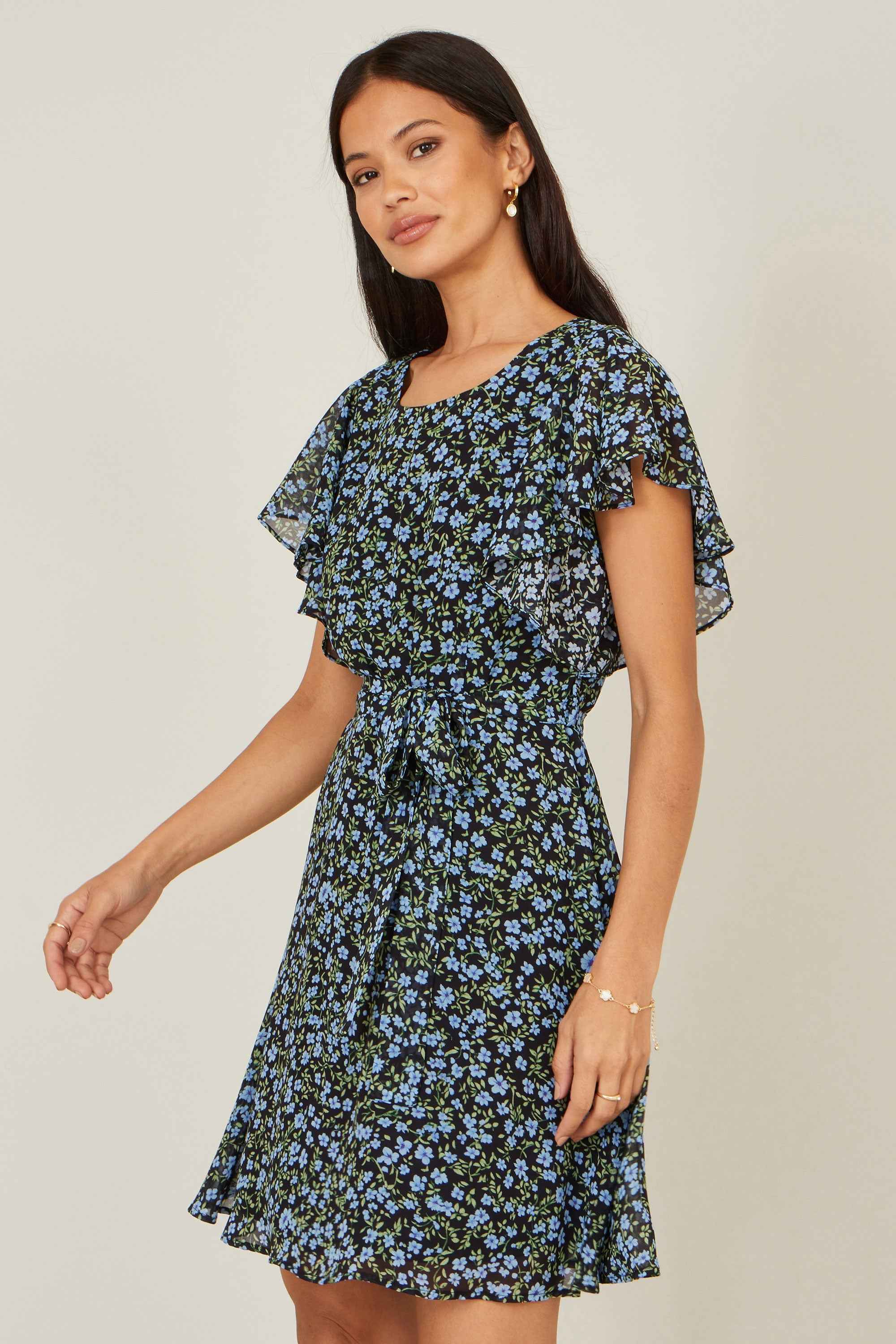 Yumi Blue Ditsy Print Floral Skater Dress