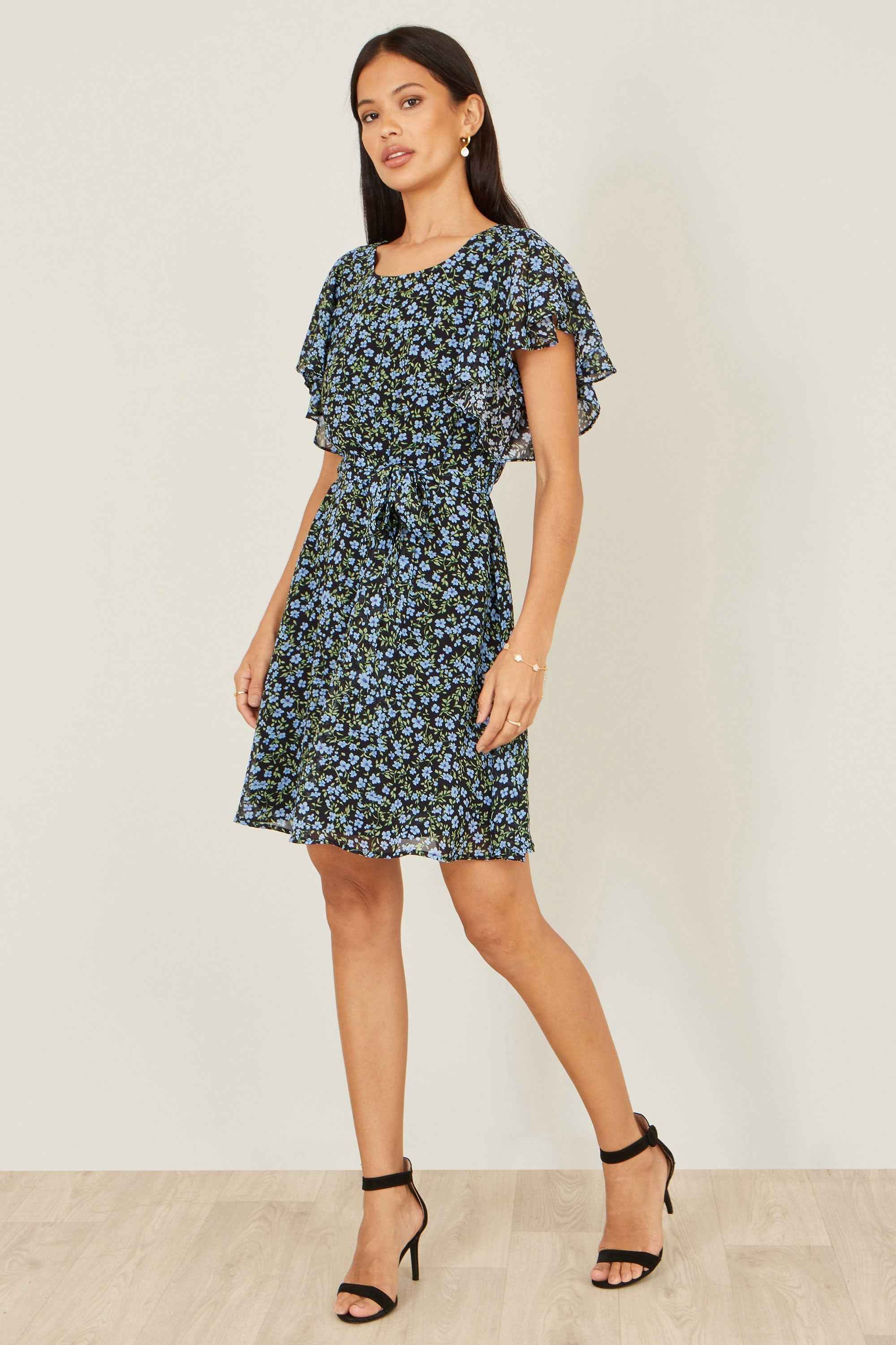 Yumi Blue Ditsy Print Floral Skater Dress