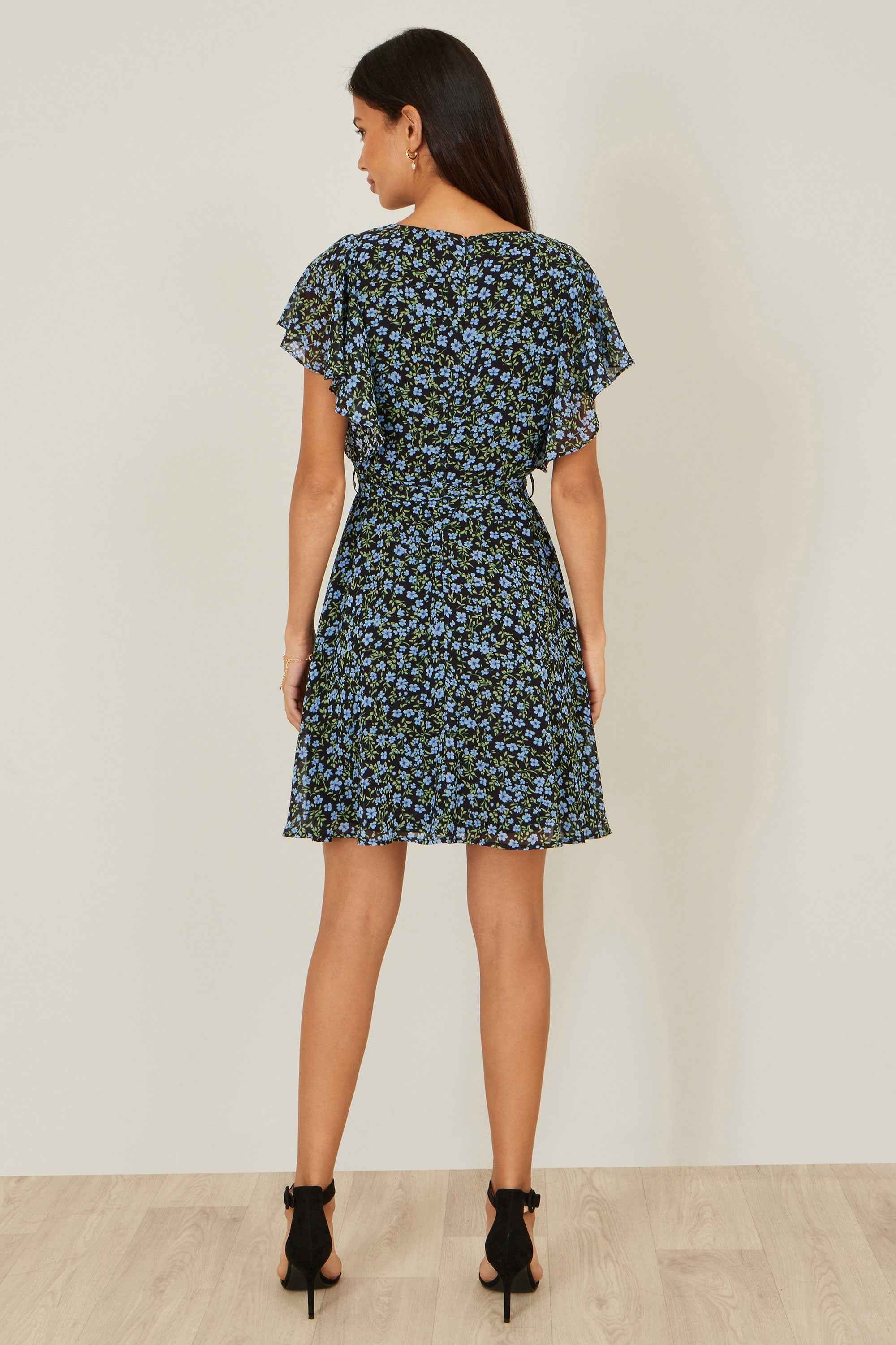 Yumi Blue Ditsy Print Floral Skater Dress