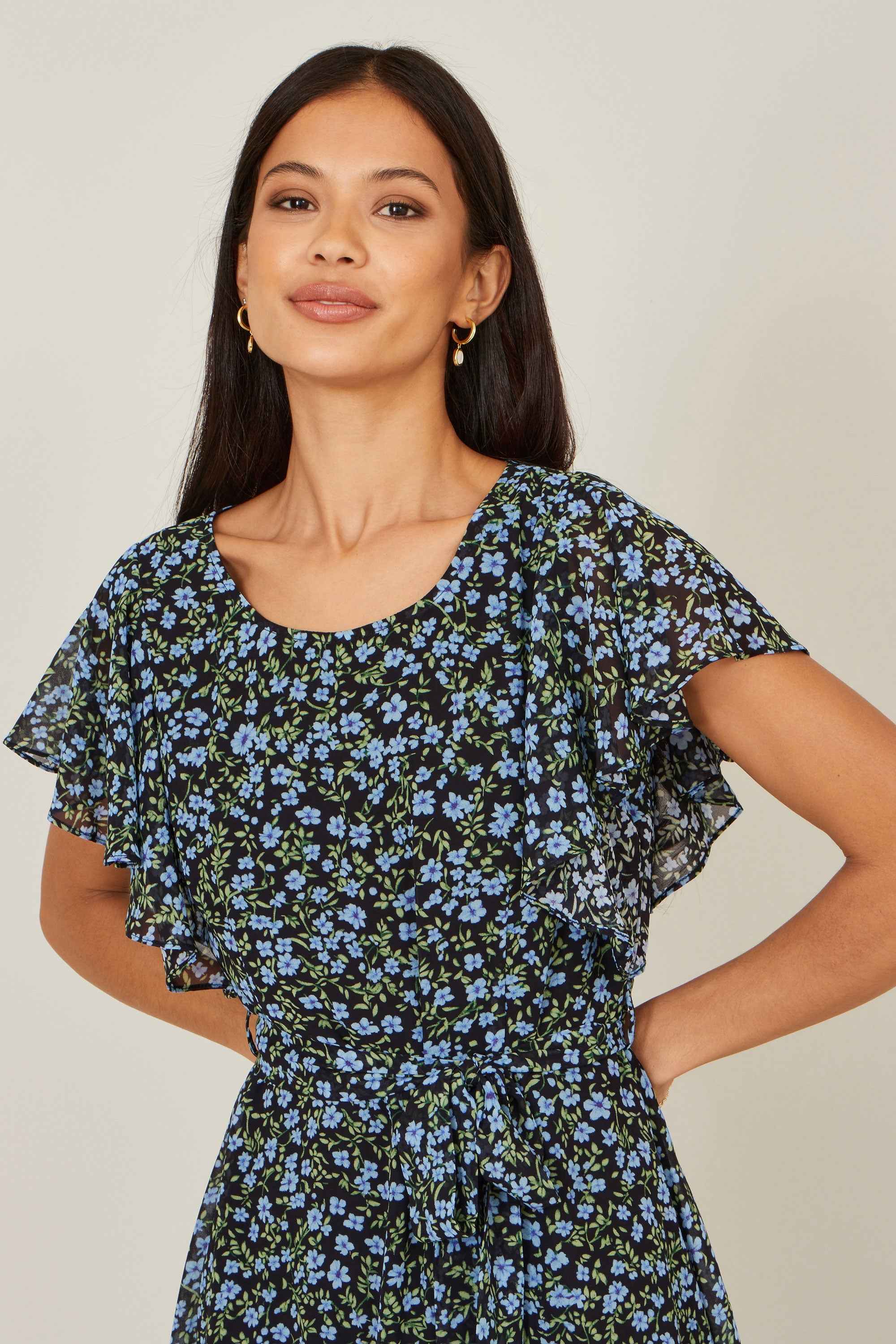 Yumi Blue Ditsy Print Floral Skater Dress