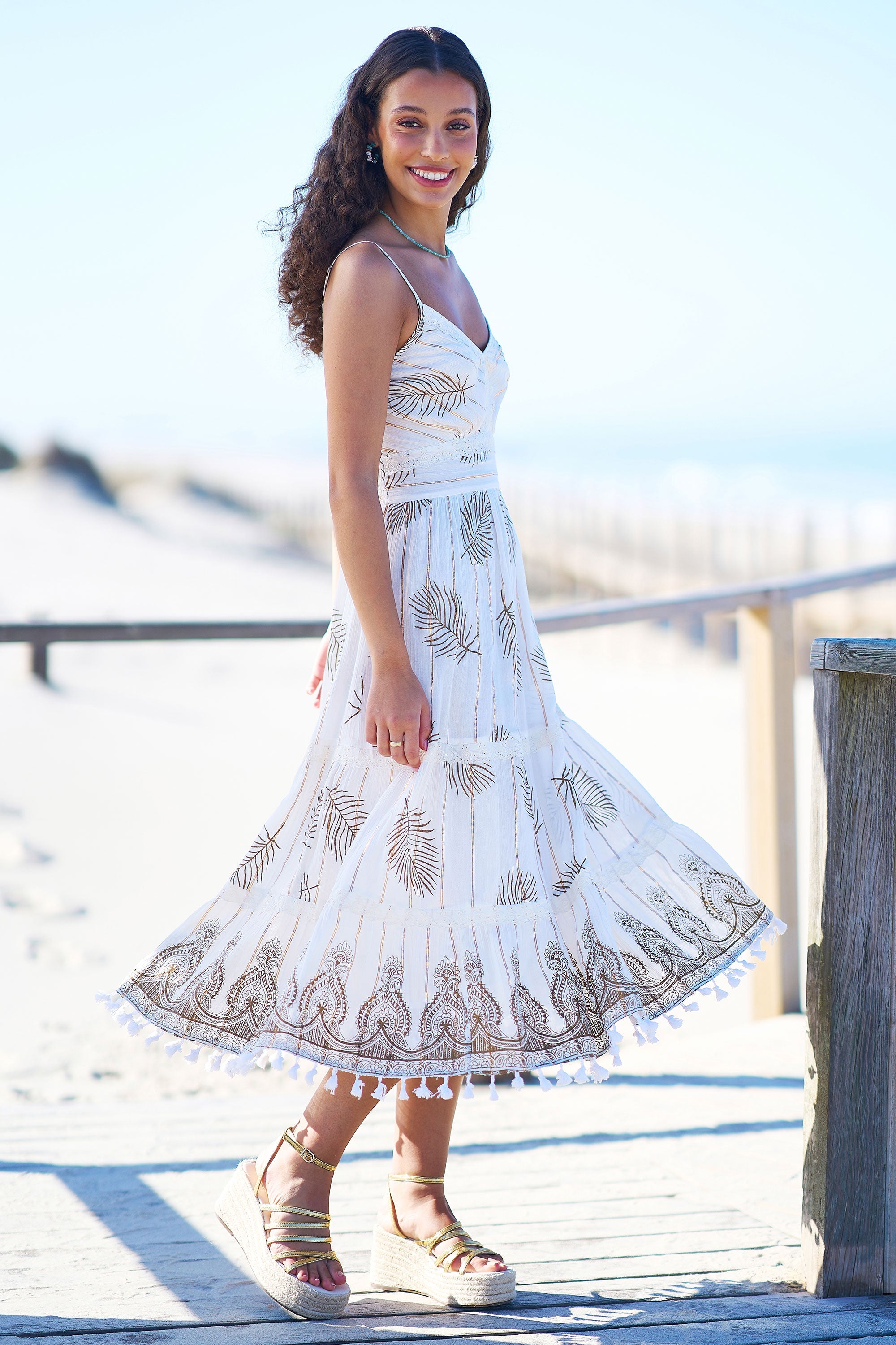 Yumi Ivory Foil Print Midi Sun Dress With Lace Trims
