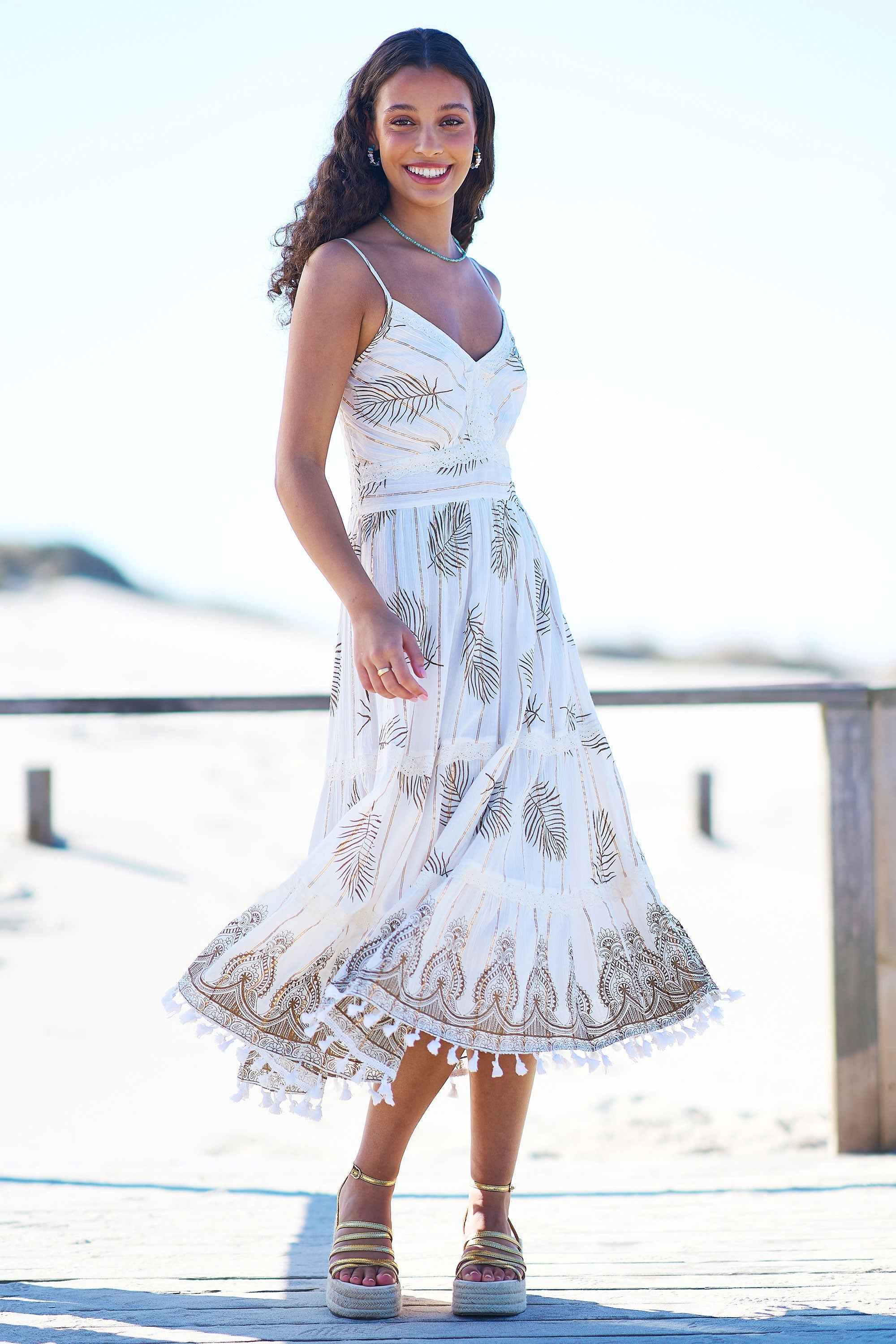 Yumi Ivory Foil Print Midi Sun Dress With Lace Trims