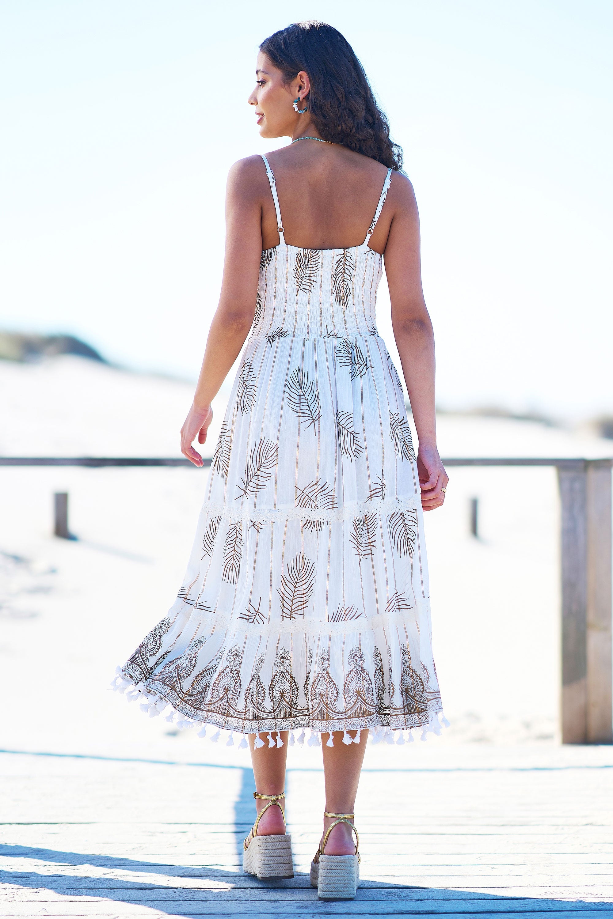 Yumi Ivory Foil Print Midi Sun Dress With Lace Trims