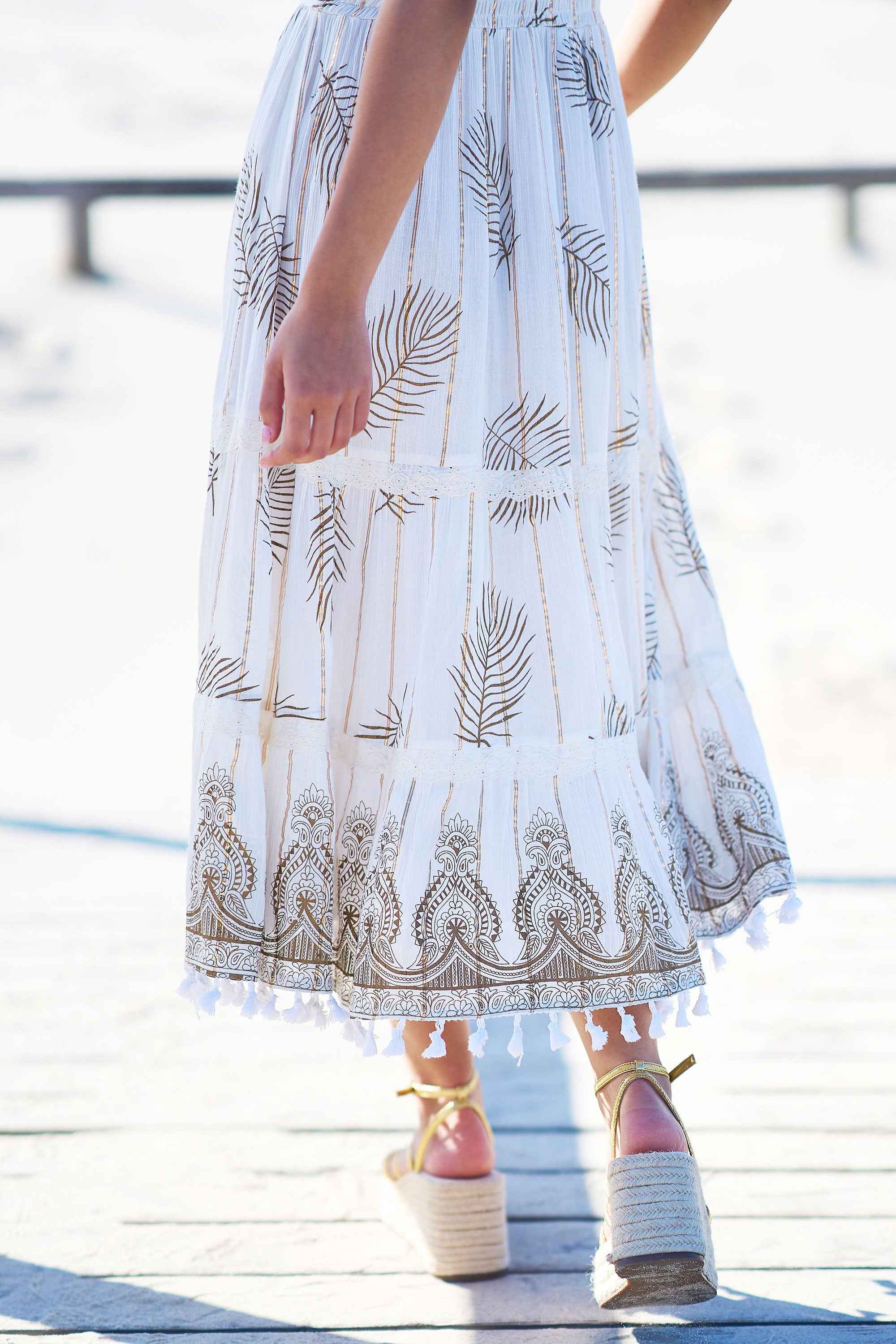Yumi Ivory Foil Print Midi Sun Dress With Lace Trims