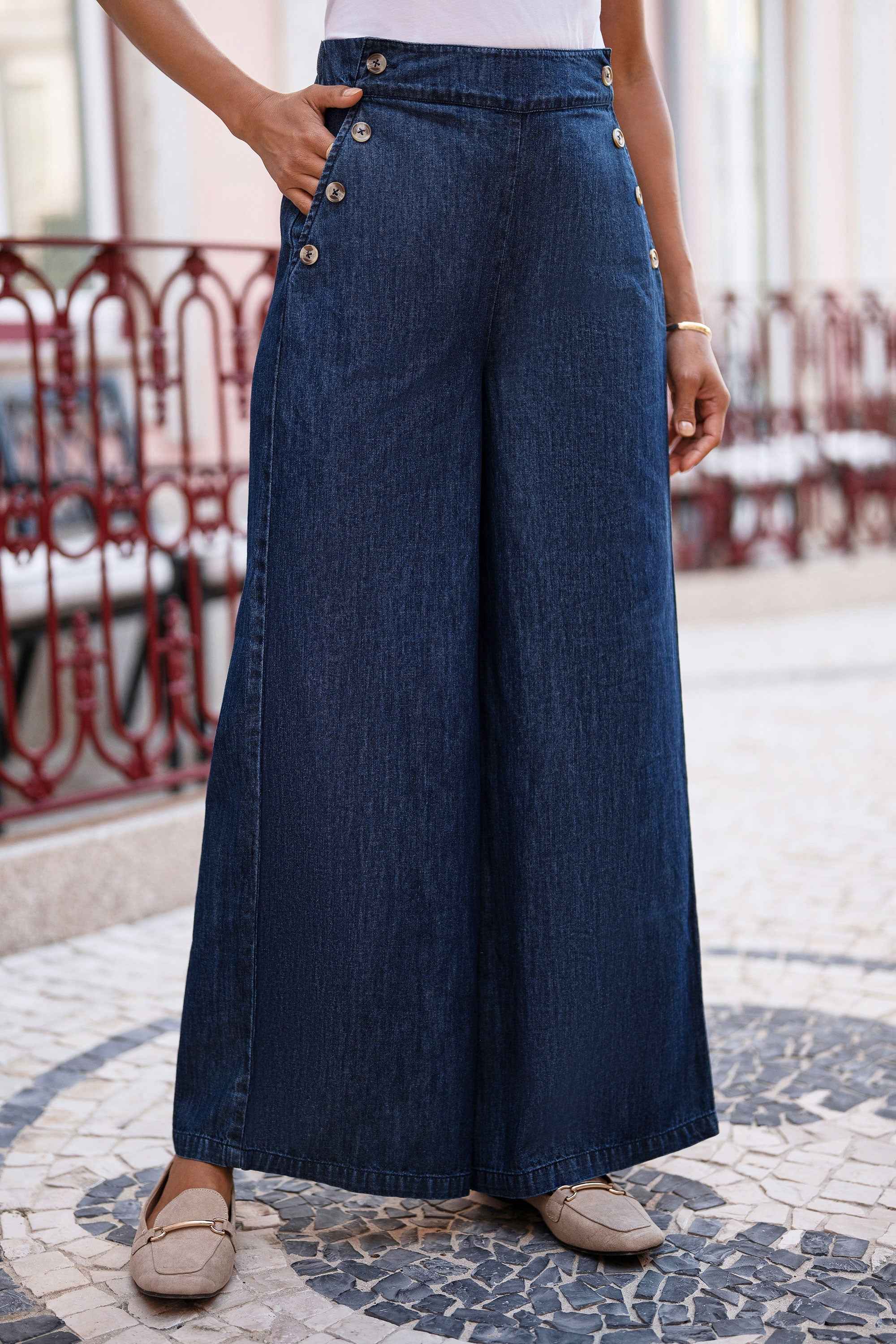 Yumi Blue Chambray Wide Leg Trousers With Button Details