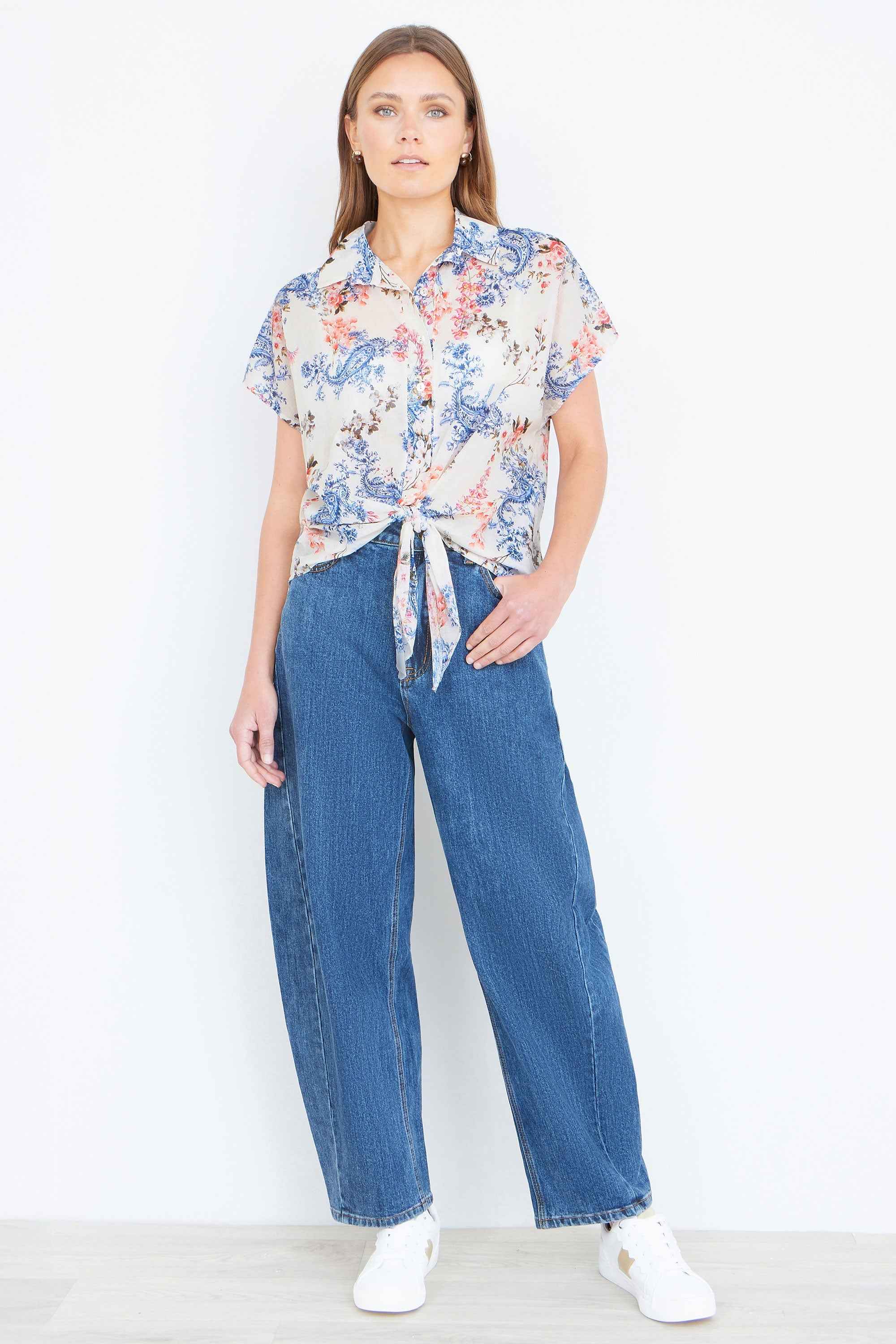 Yumi White Cotton Paisley Print Tie Knot Shirt