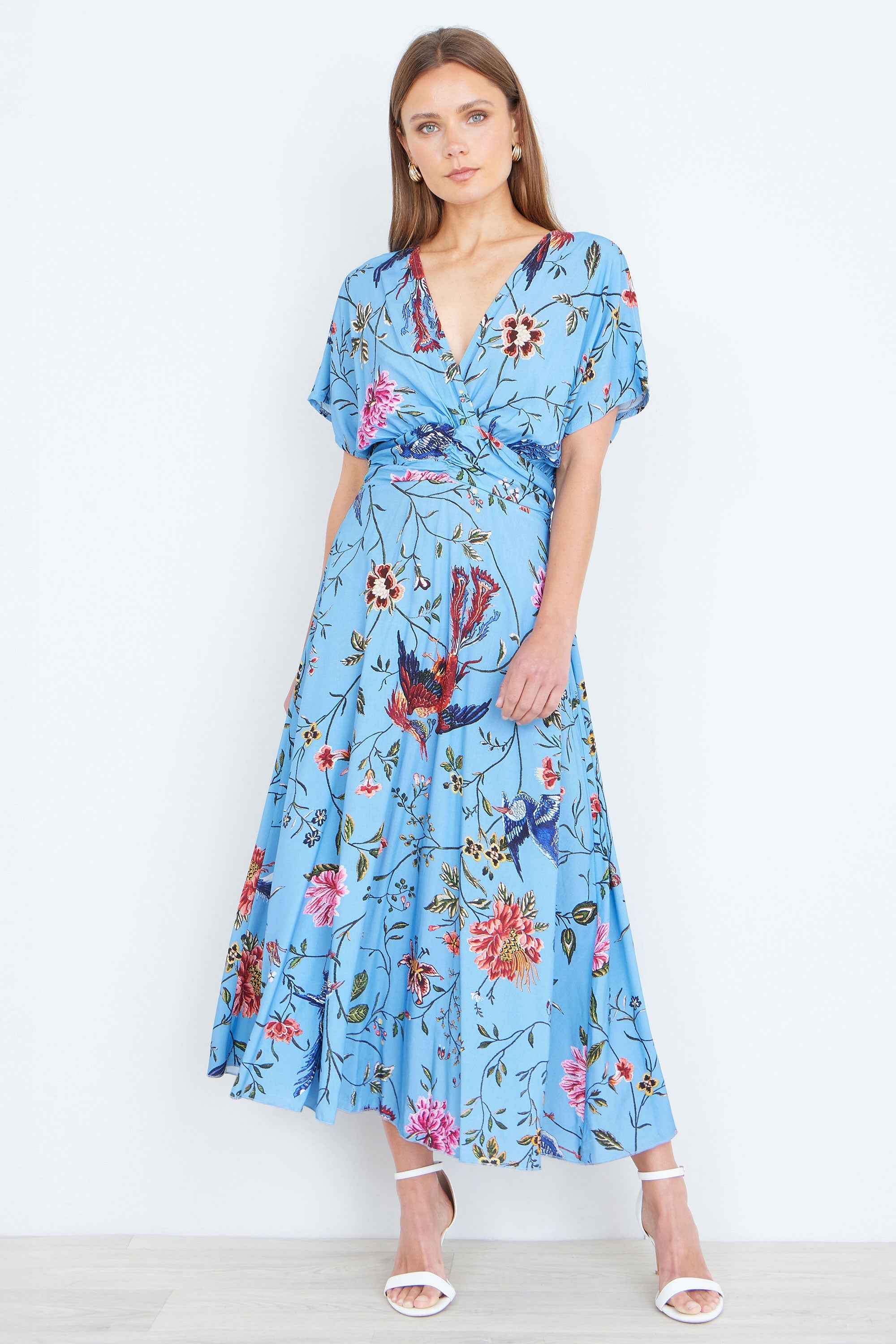 Yumi Blue Viscose Bird And Floral Print Midi Dress With Ruched Waist