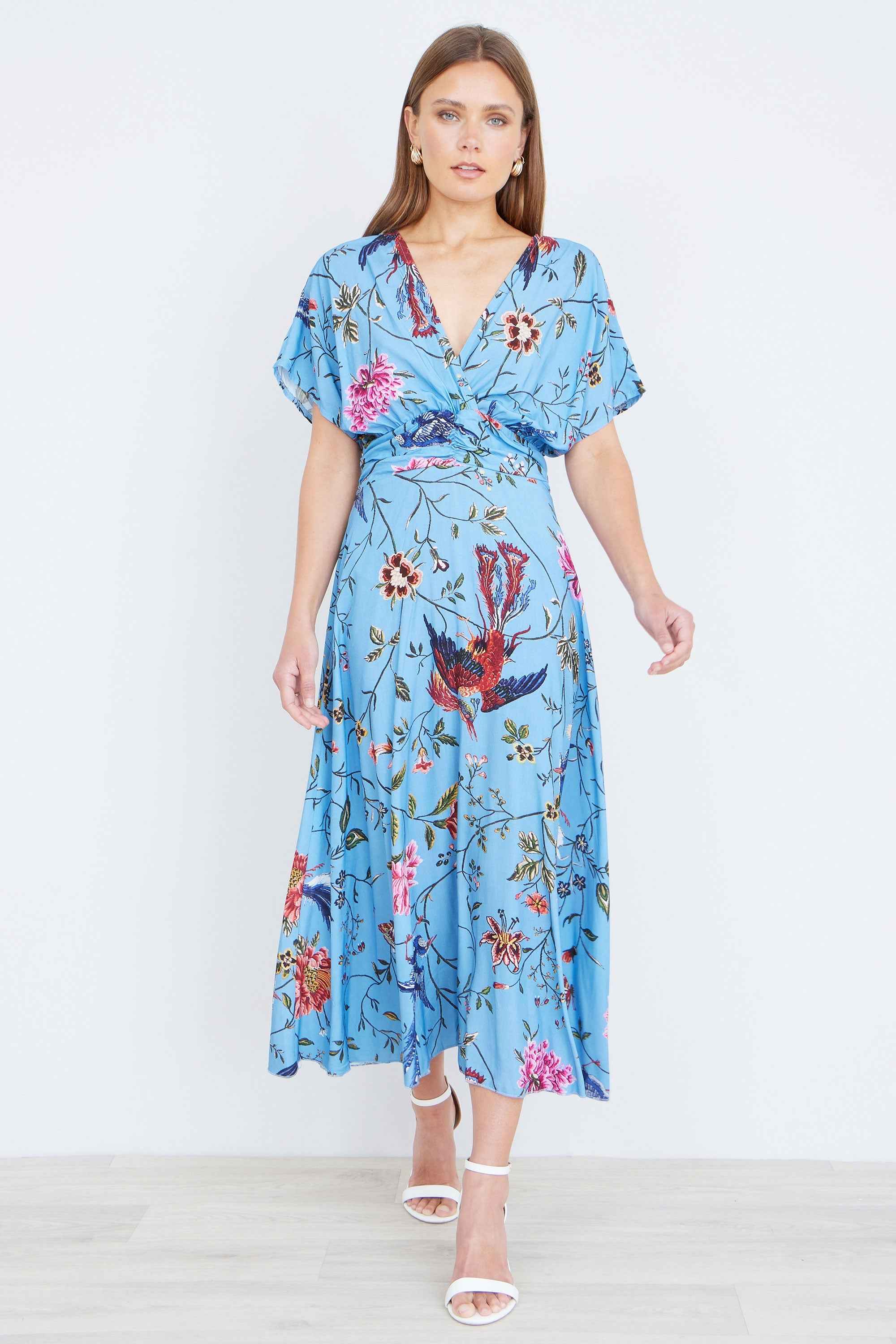 Yumi Blue Viscose Bird And Floral Print Midi Dress With Ruched Waist