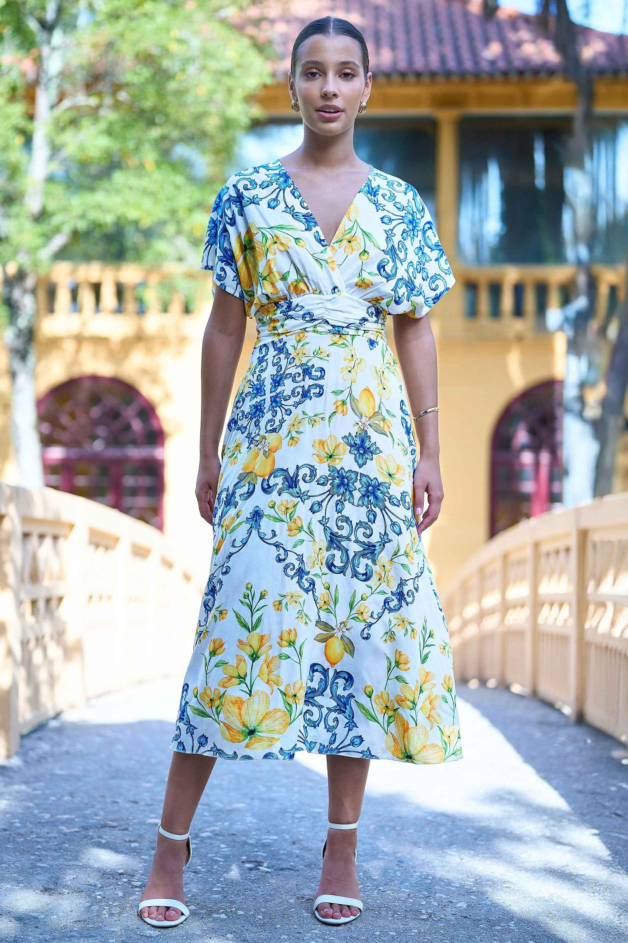 Yumi White Lemon Print Viscose Ruched Waist Midi Dress