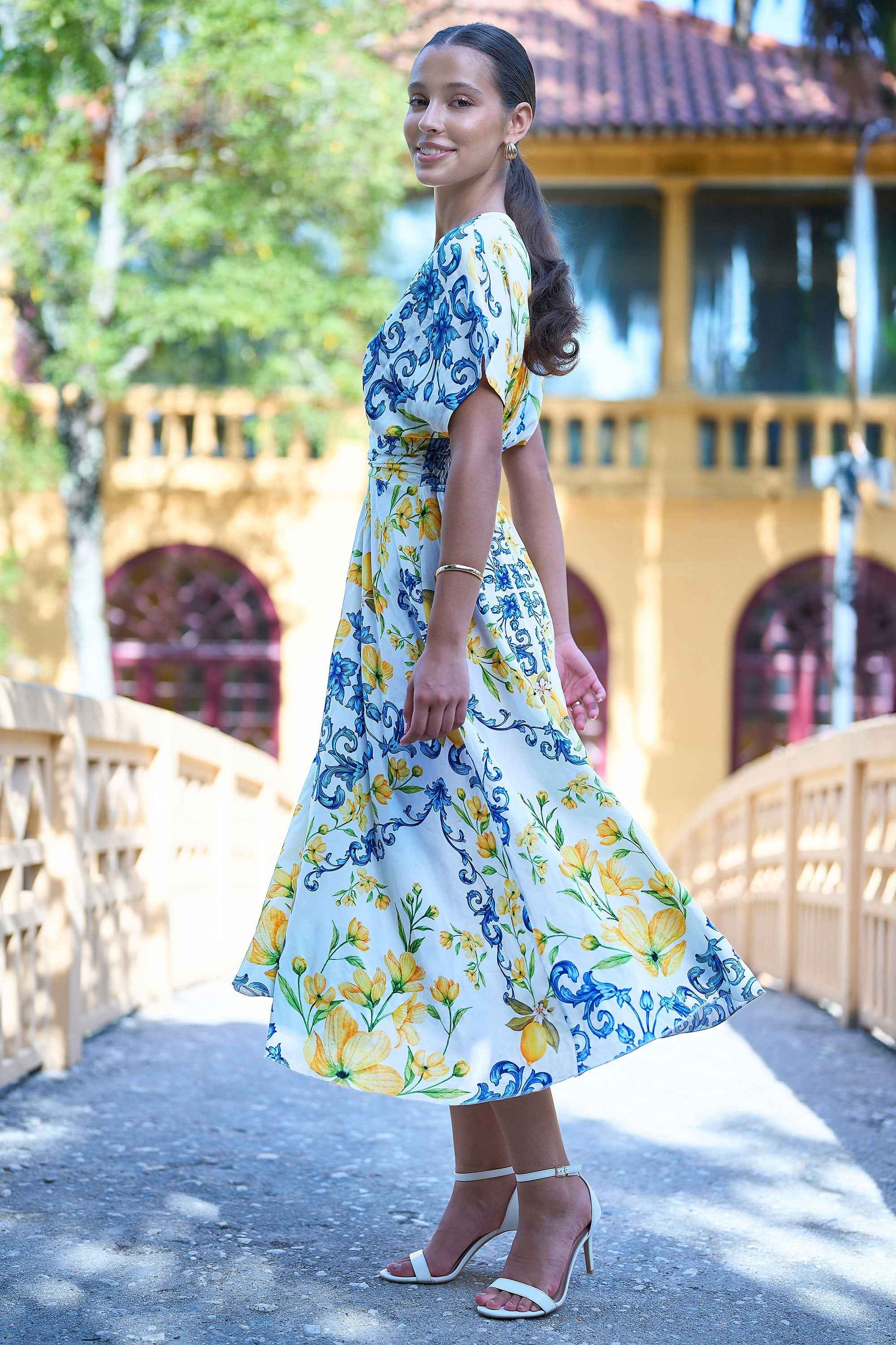 Yumi White Lemon Print Viscose Ruched Waist Midi Dress
