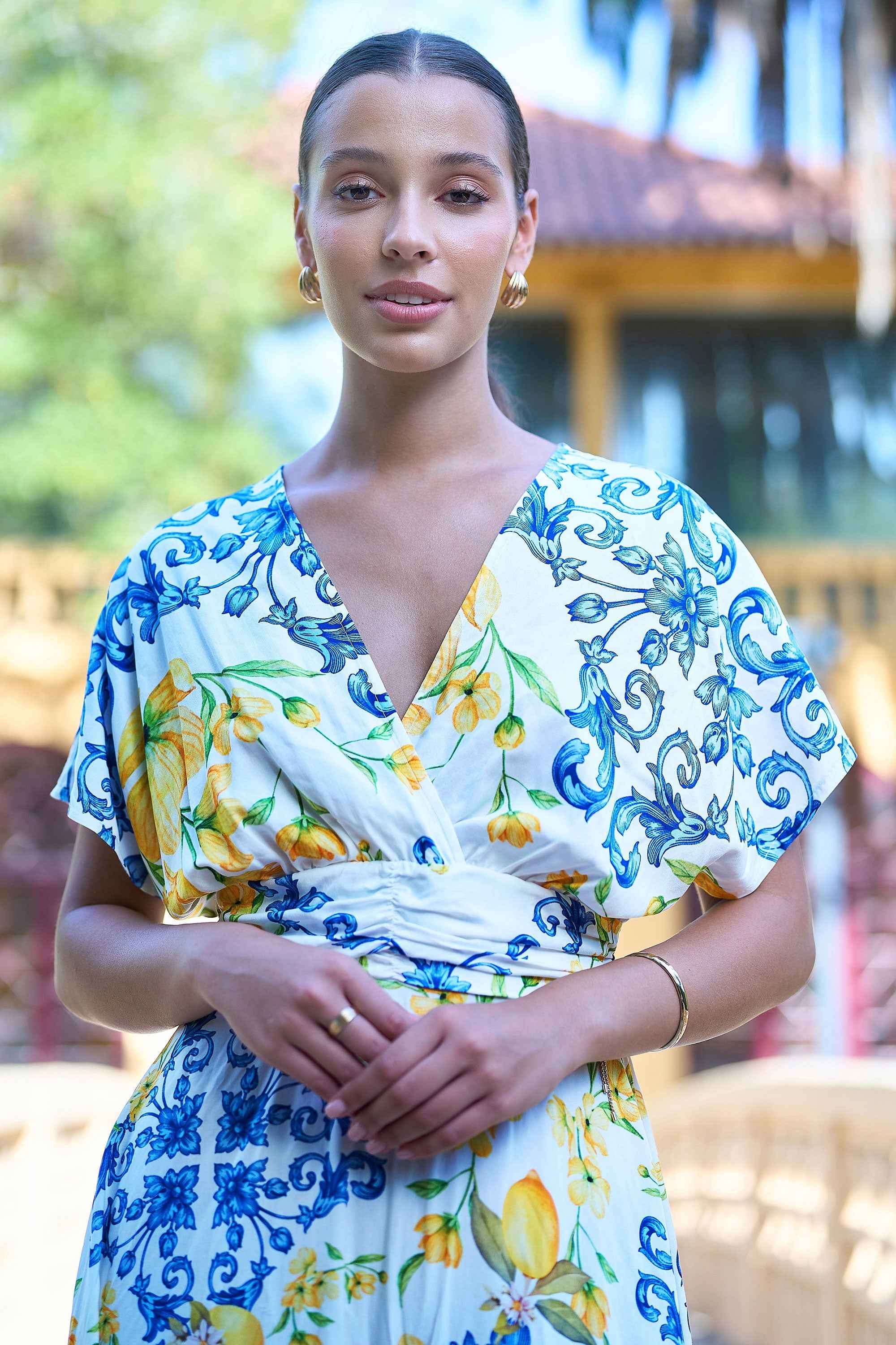 Yumi White Lemon Print Viscose Ruched Waist Midi Dress
