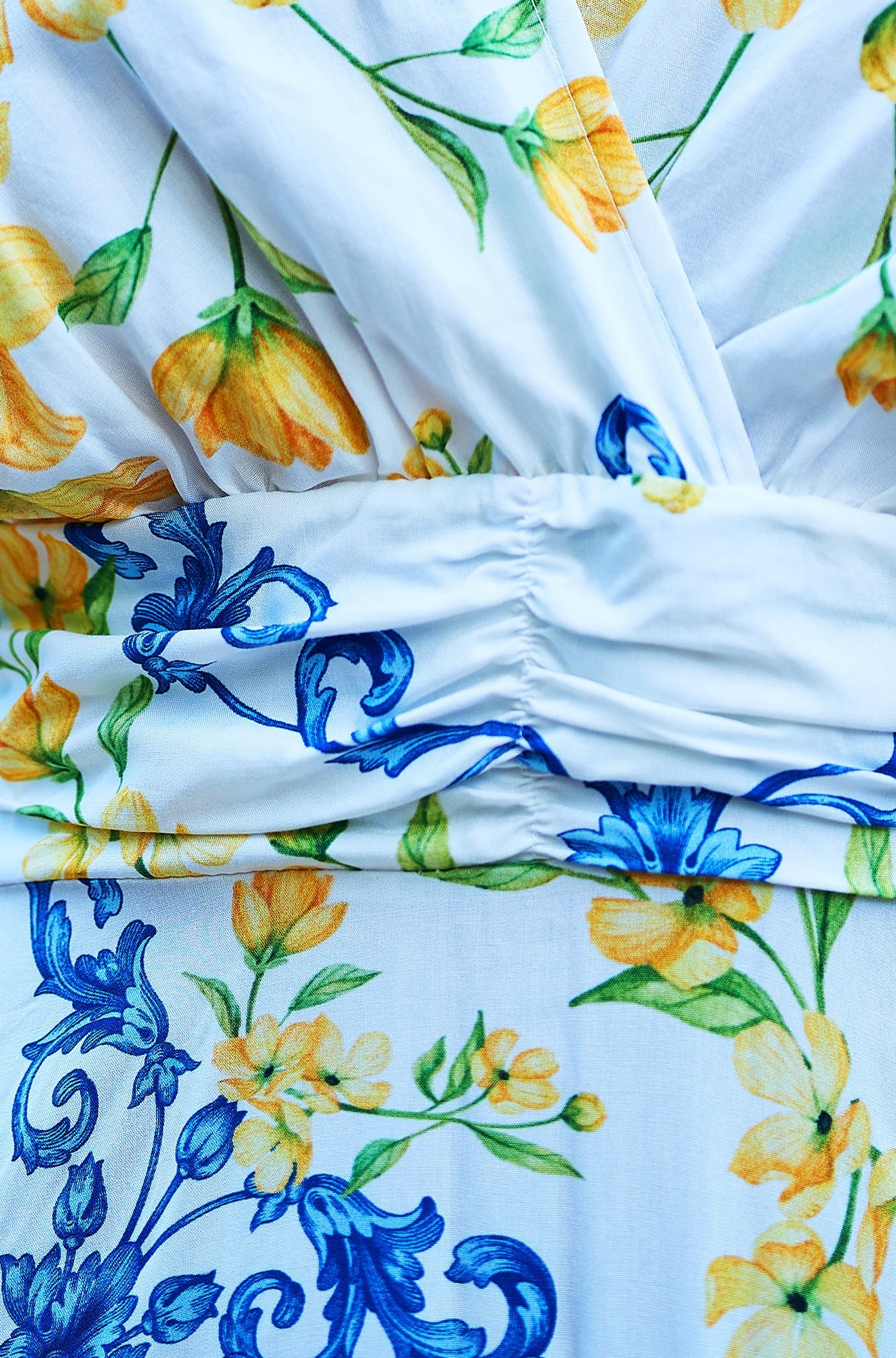 Yumi White Lemon Print Viscose Ruched Waist Midi Dress