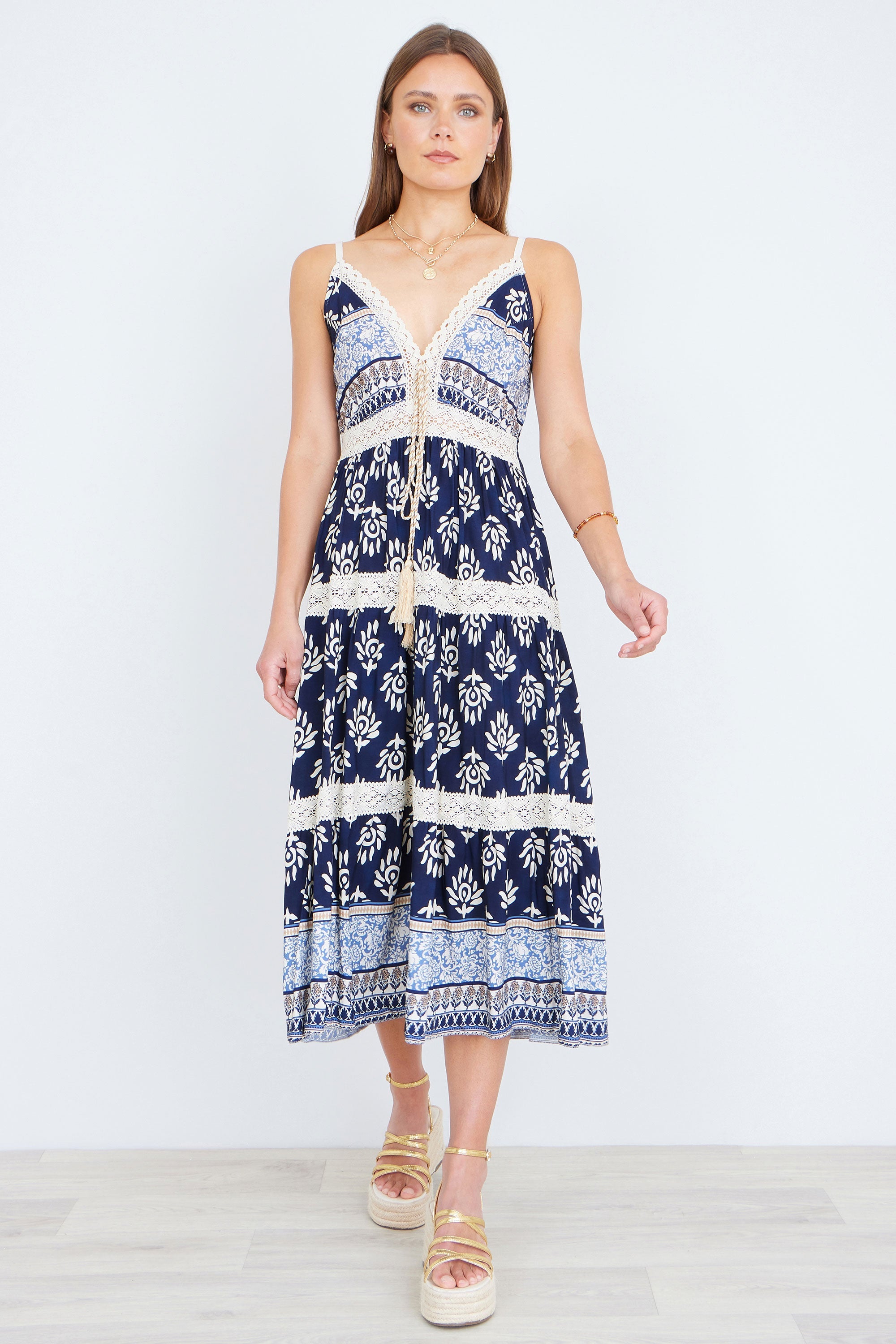 Yumi Navy Viscose Paisley Print Midi Sun Dress