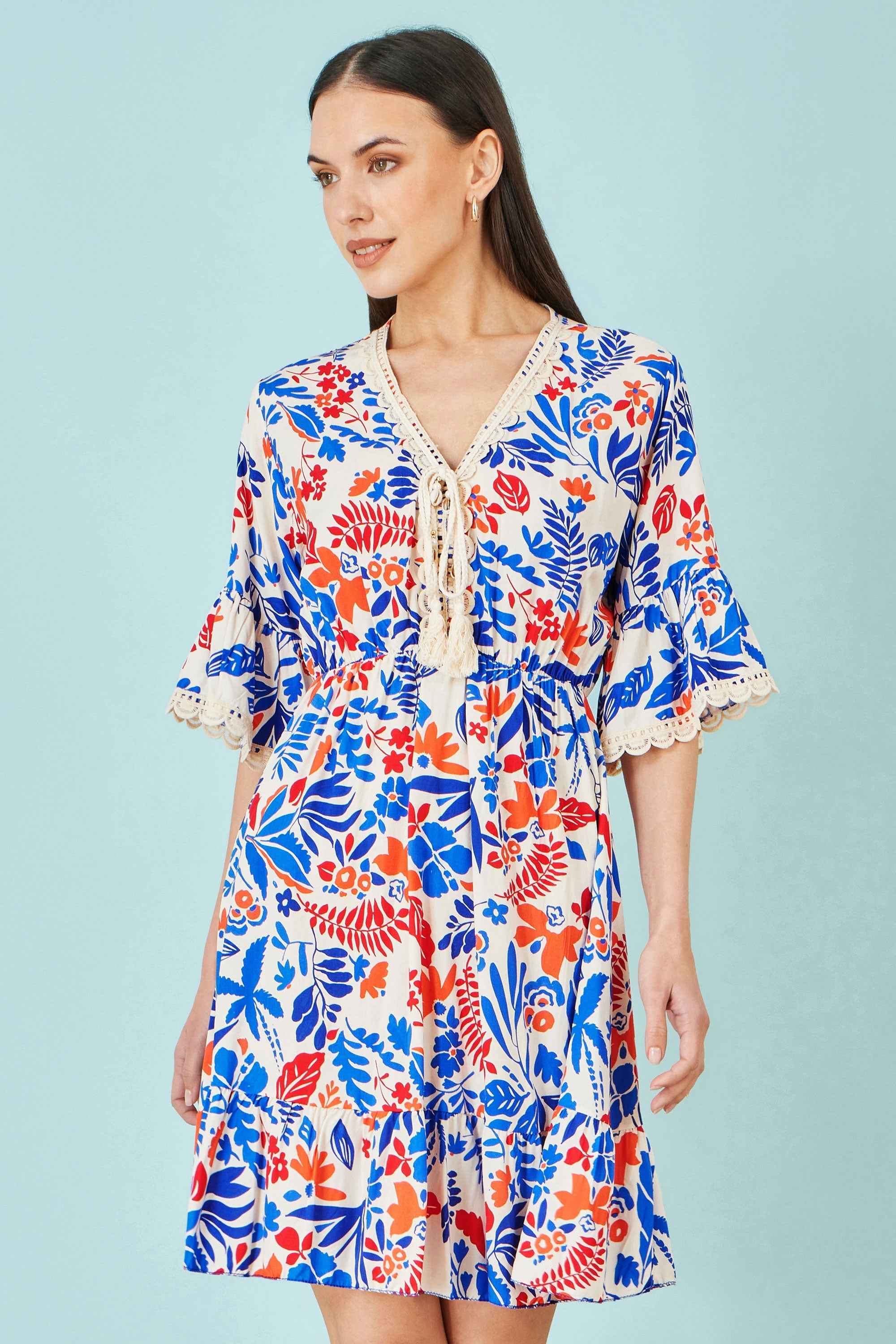 Yumi Multicolour Leaf Print Viscose Kimono Sleeve Tunic