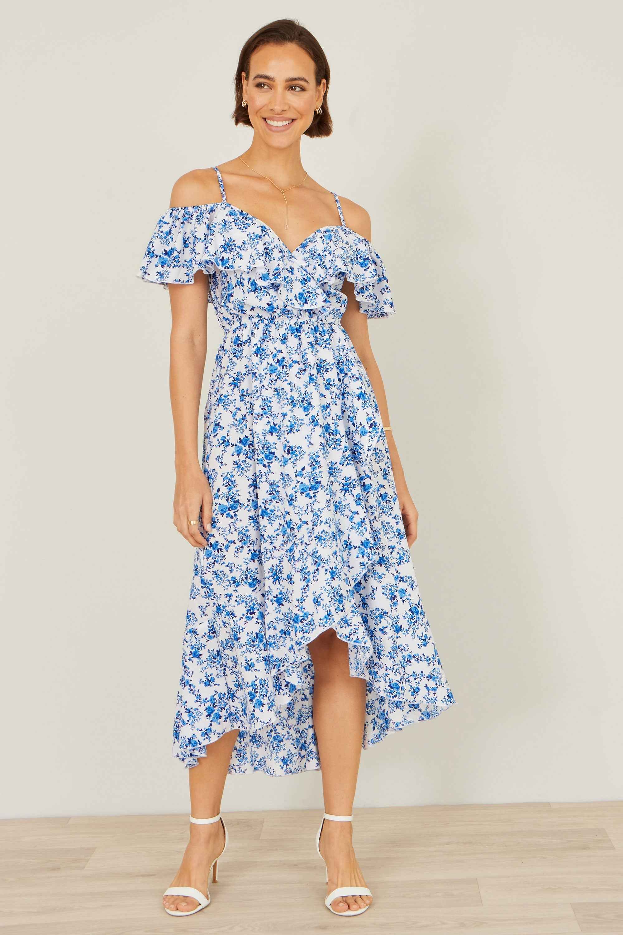 Yumi Blue Floral Print Bardot Midi Dress With Dip Hem