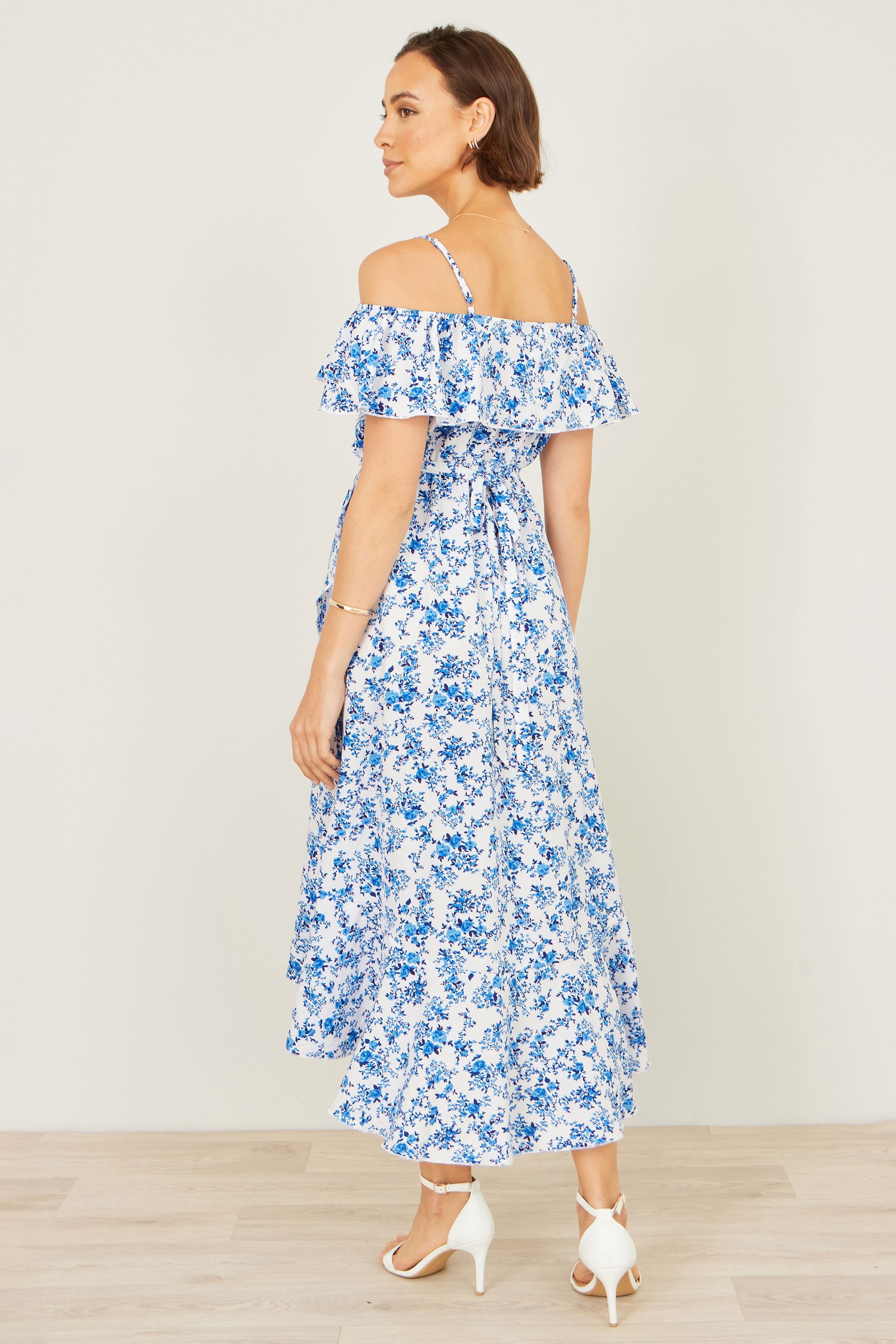 Yumi Blue Floral Print Bardot Midi Dress With Dip Hem