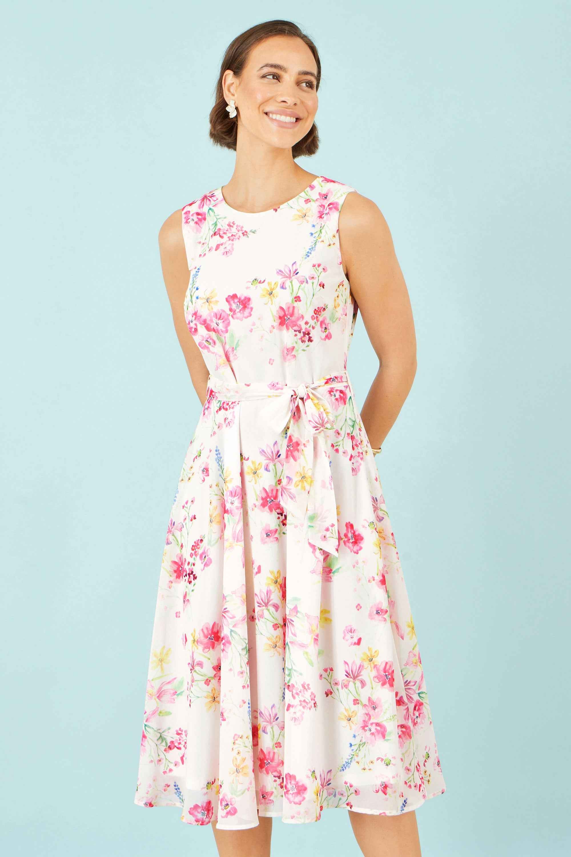 Yumi White Delicate Floral Midi Skater Dress