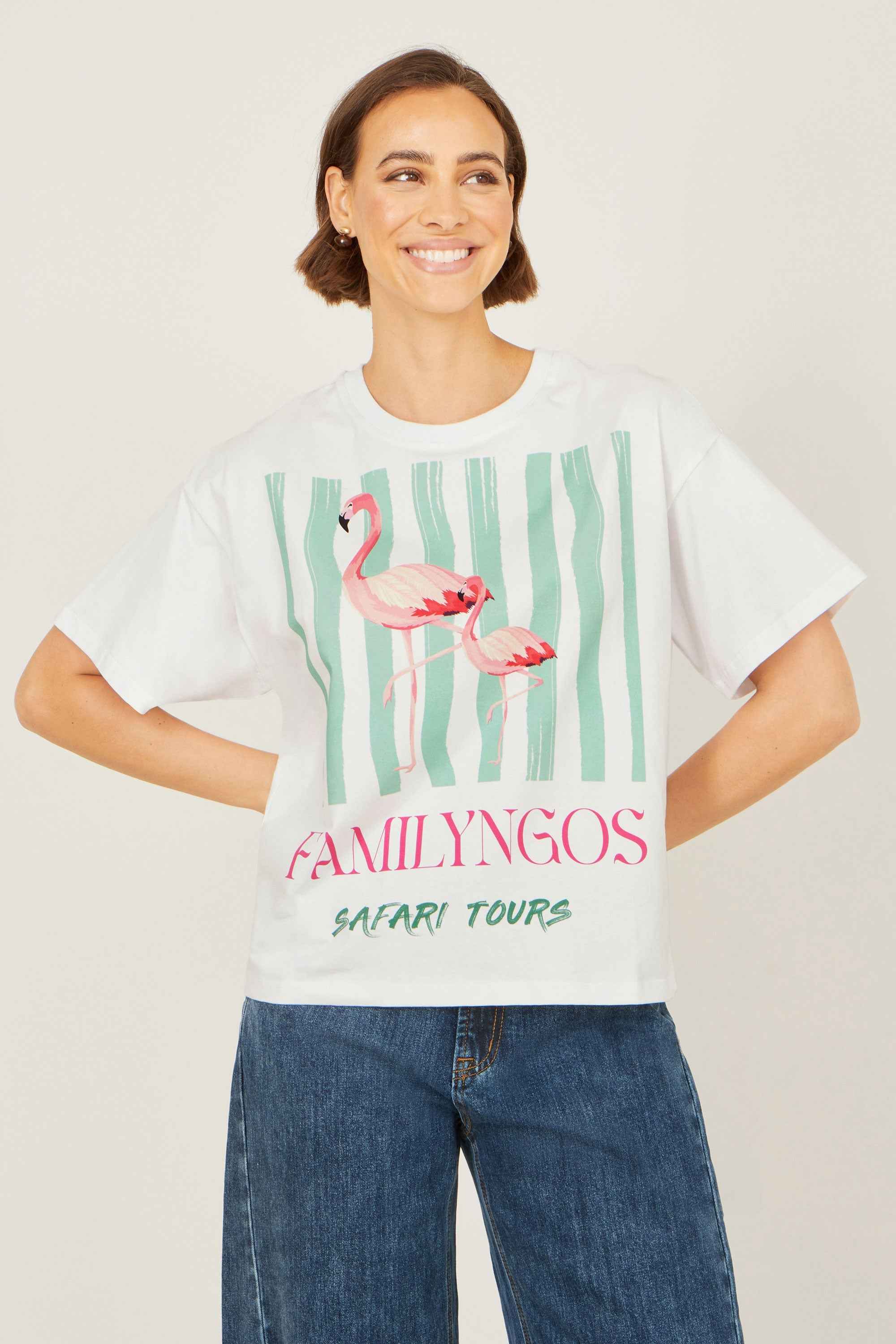 Yumi White Retro Relaxed Flamingo Cotton T Shirt