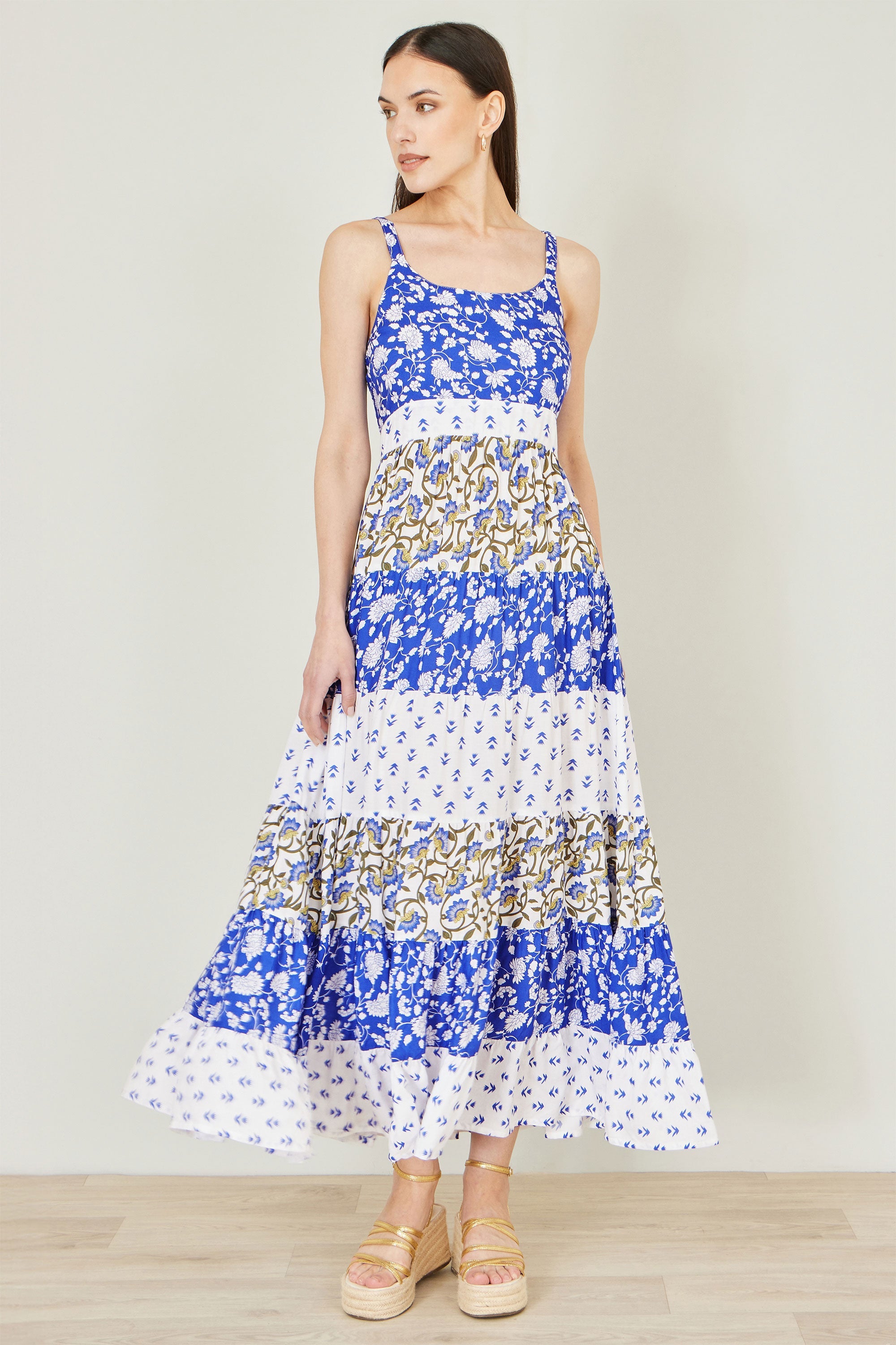 Yumi White And Blue Rayon Patchwork Print Tiered Maxi Dress