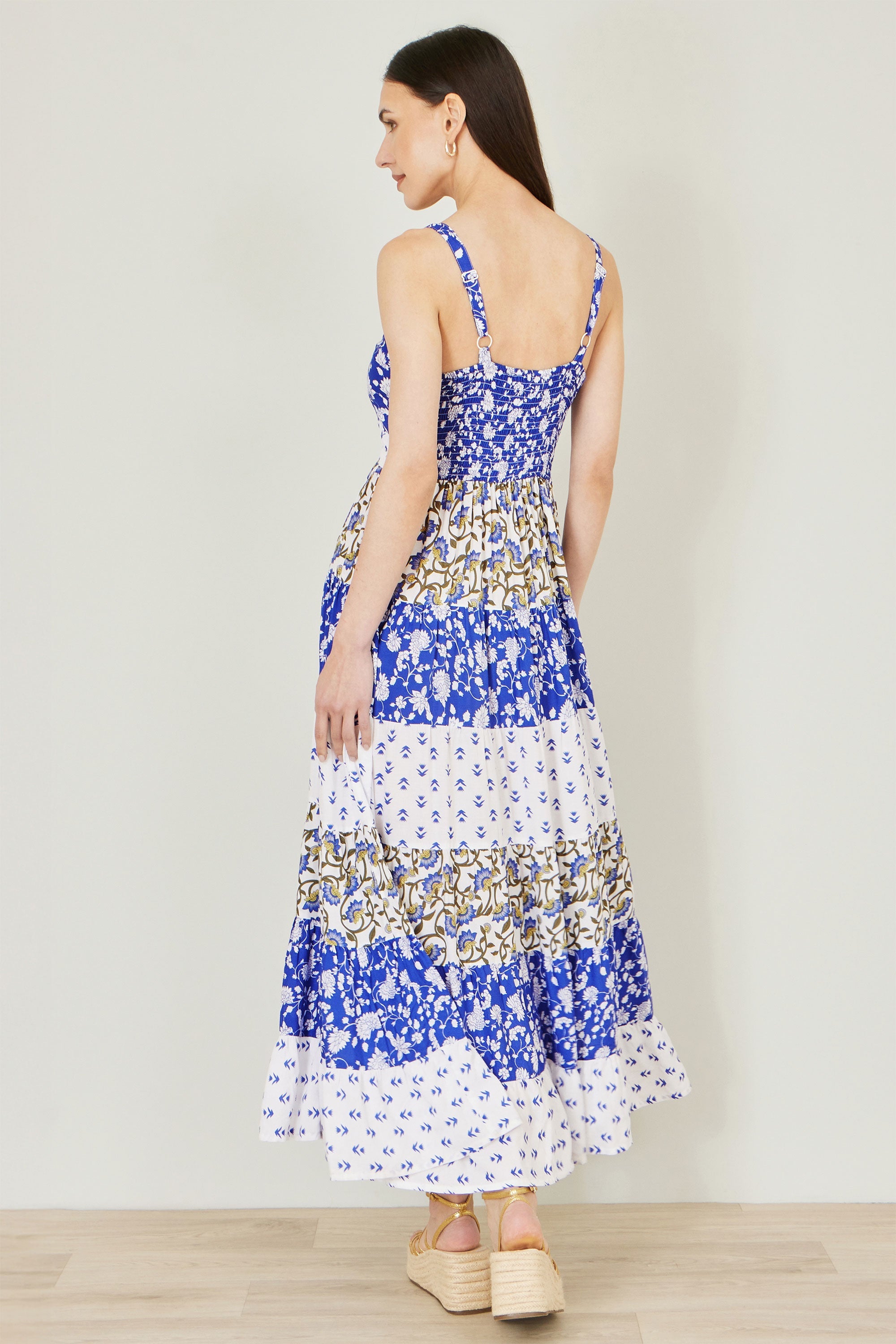 Yumi White And Blue Rayon Patchwork Print Tiered Maxi Dress