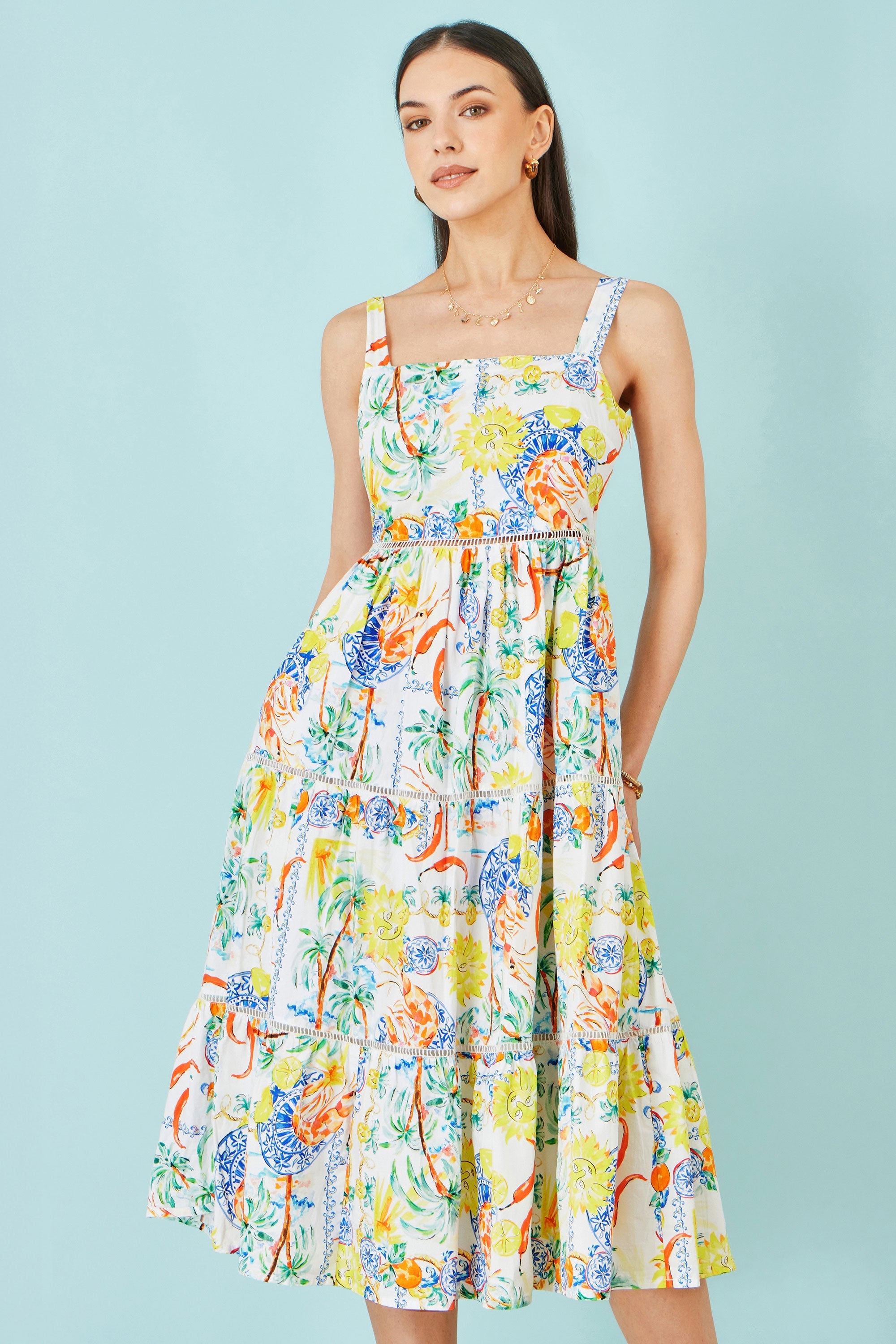 Yumi White Mediterranean Print Cotton Midi Sun Dress